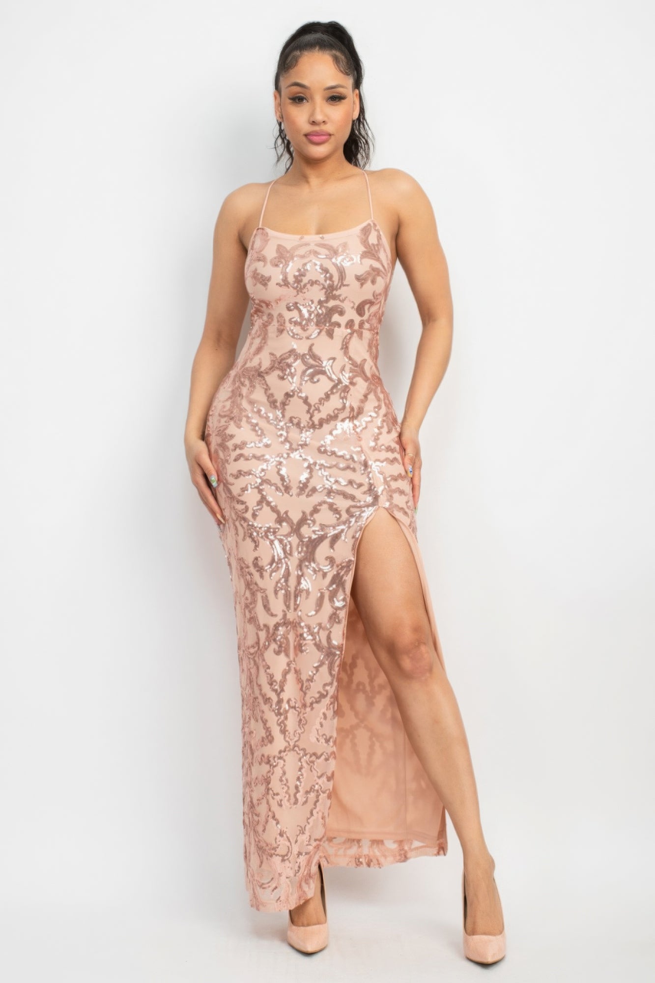 Sequin Back-crisscross Tie Slit Dress - ThingsWeUseAndLove 