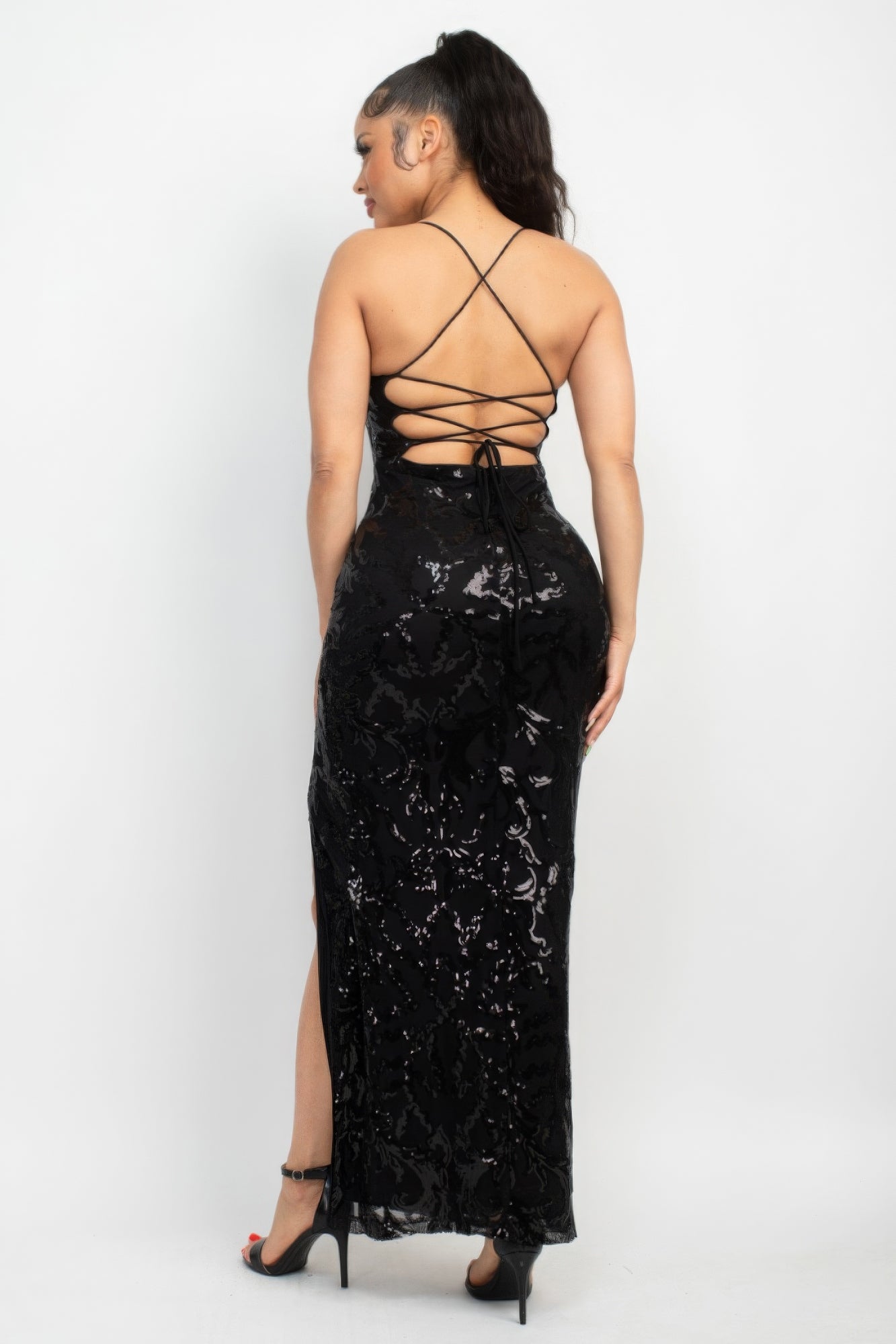 Sequin Back-crisscross Tie Slit Dress - ThingsWeUseAndLove 