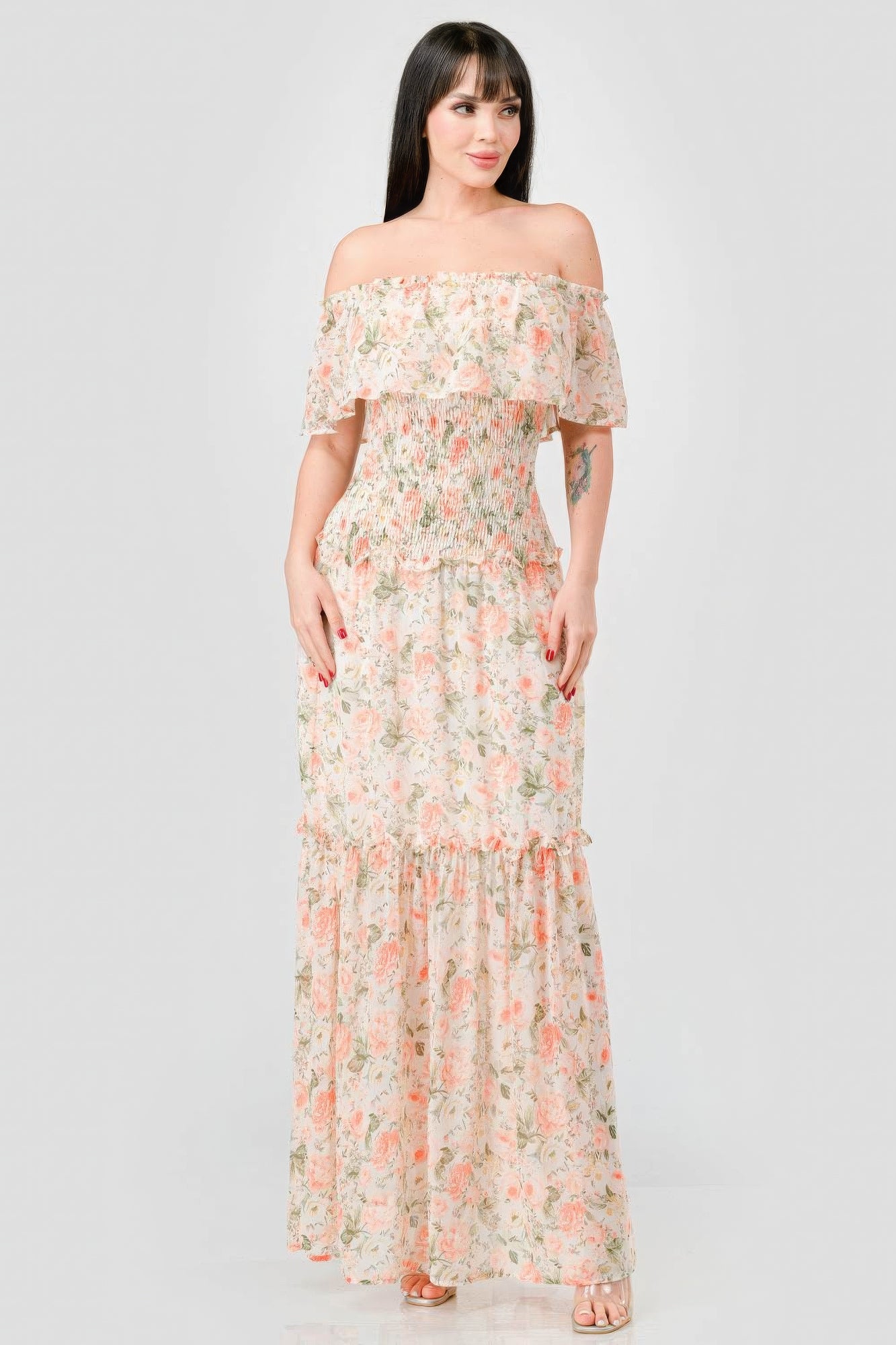 Floral Chiffon Off Shoulder Smocked Back Ruffled Tiered Maxi Dress - ThingsWeUseAndLove 