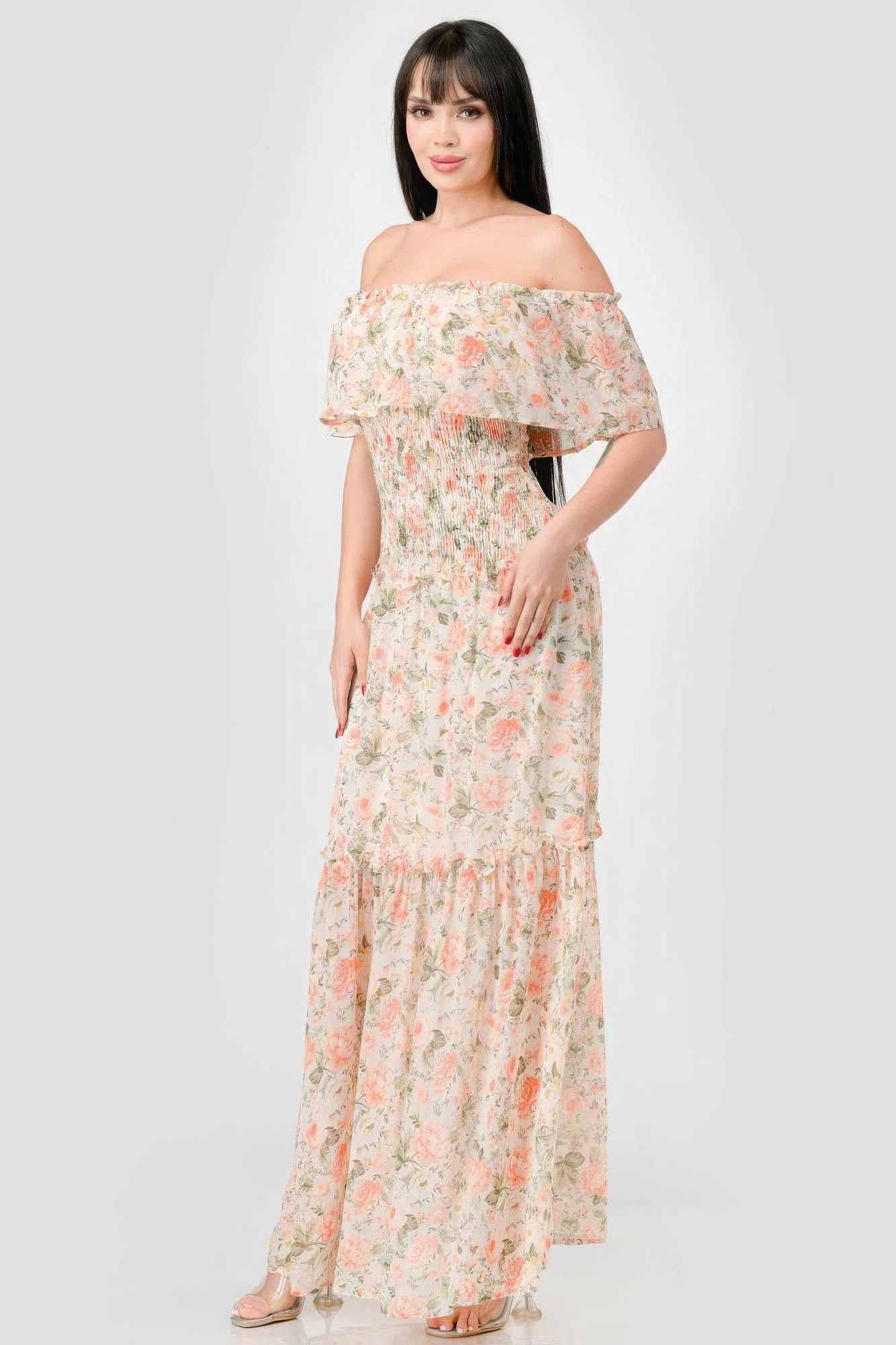 Floral Chiffon Off Shoulder Smocked Back Ruffled Tiered Maxi Dress - ThingsWeUseAndLove 