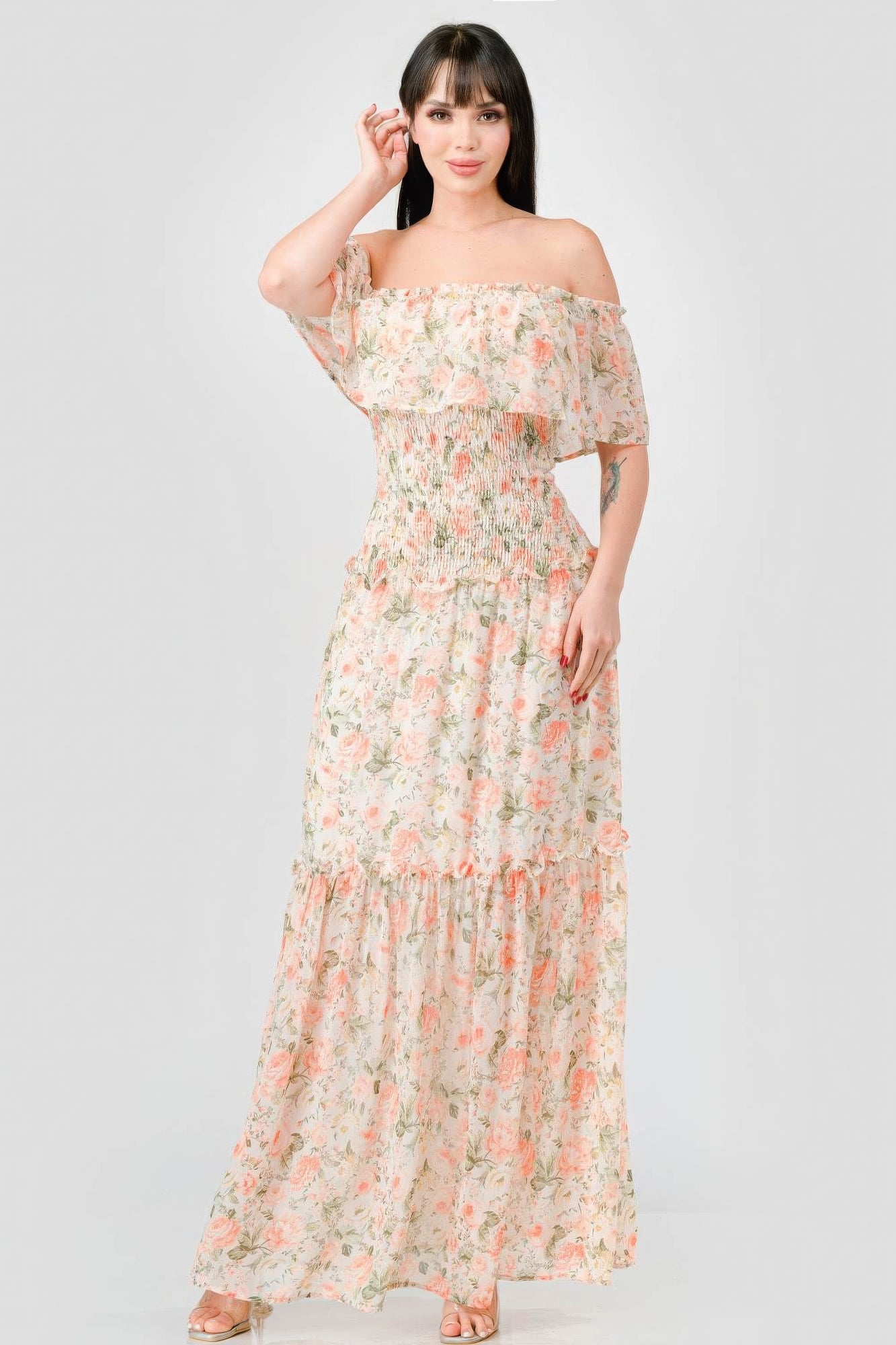 Floral Chiffon Off Shoulder Smocked Back Ruffled Tiered Maxi Dress - ThingsWeUseAndLove 