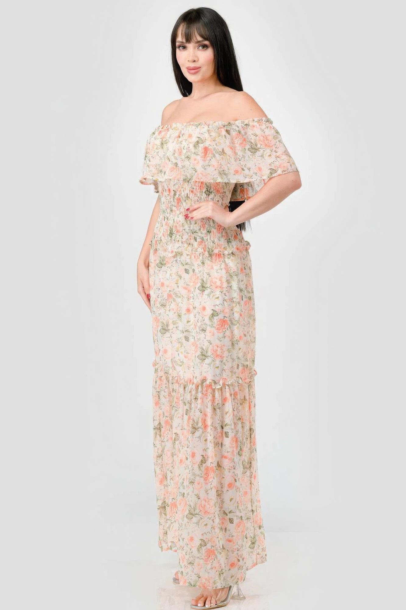 Floral Chiffon Off Shoulder Smocked Back Ruffled Tiered Maxi Dress - ThingsWeUseAndLove 