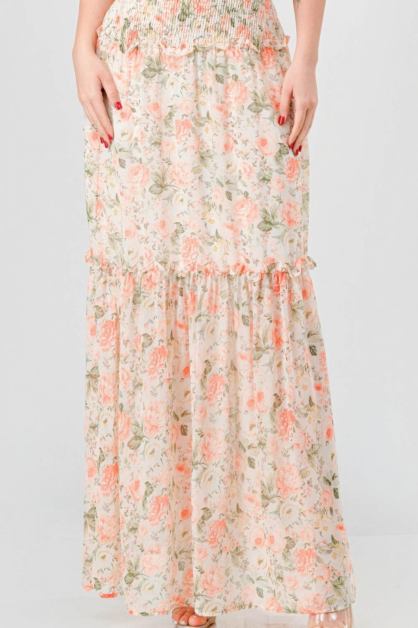 Floral Chiffon Off Shoulder Smocked Back Ruffled Tiered Maxi Dress - ThingsWeUseAndLove 