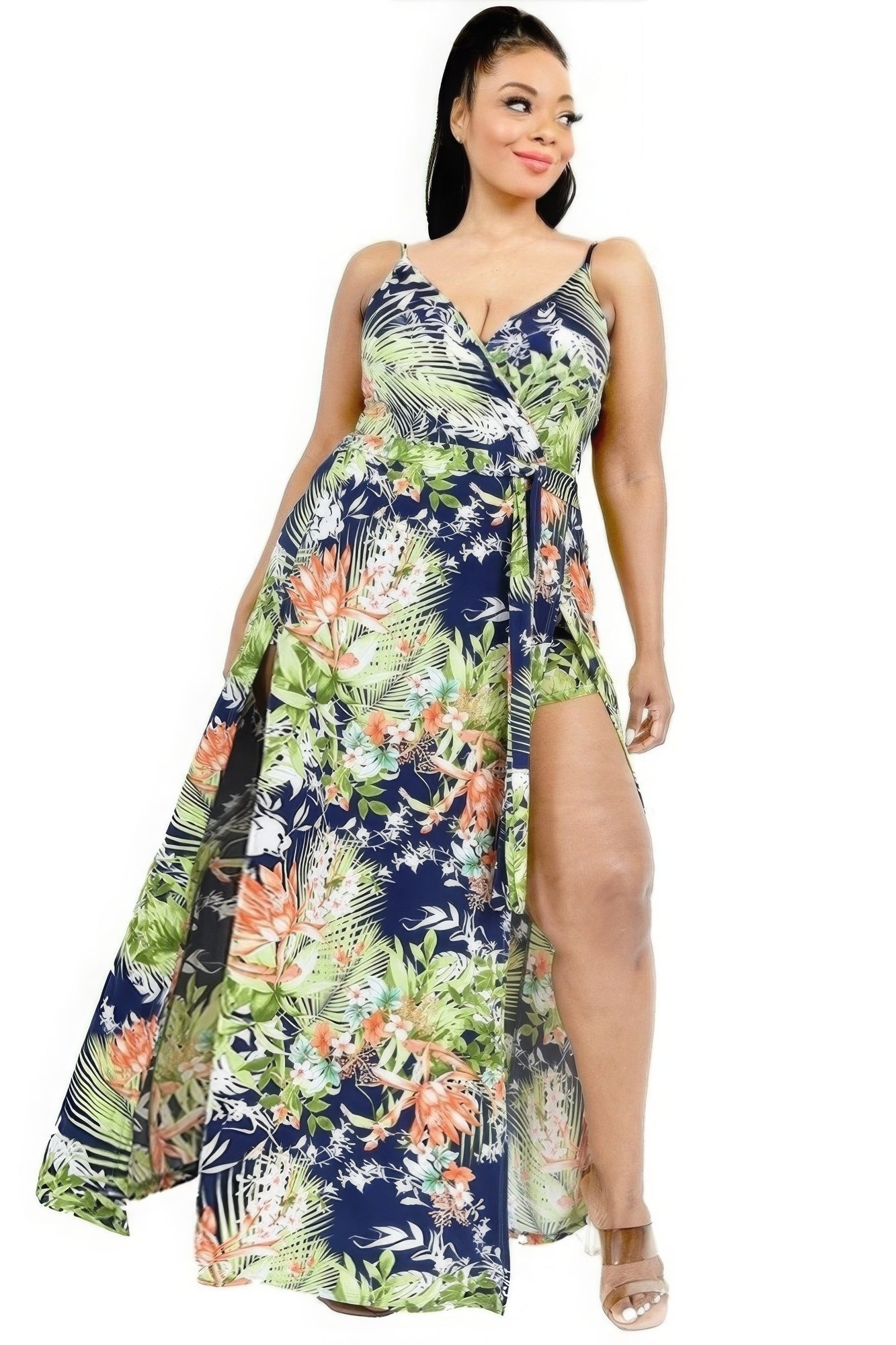 Plus Tropical Leaf Print Surplice Maxi Dress - ThingsWeUseAndLove 