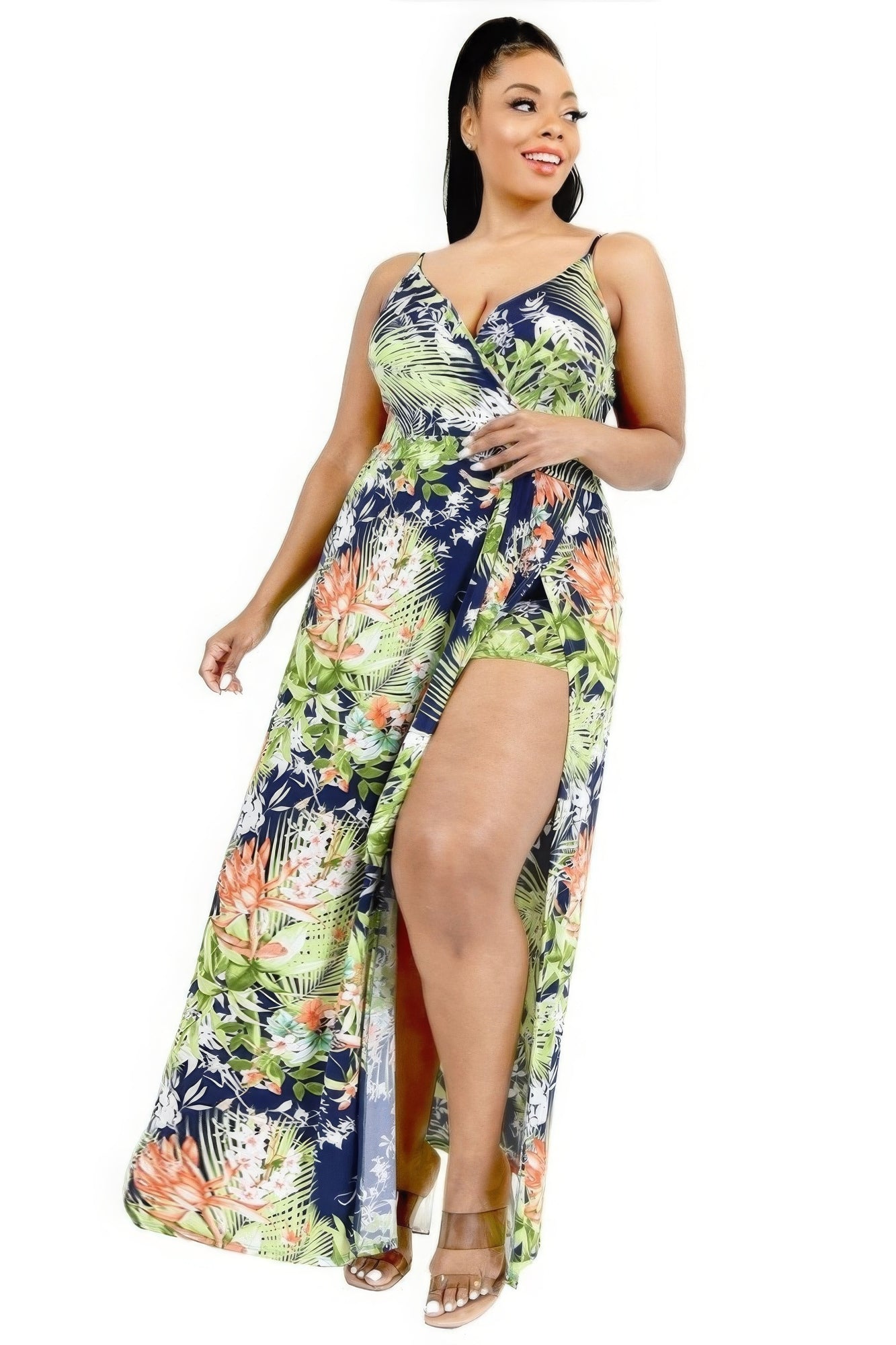 Plus Tropical Leaf Print Surplice Maxi Dress - ThingsWeUseAndLove 