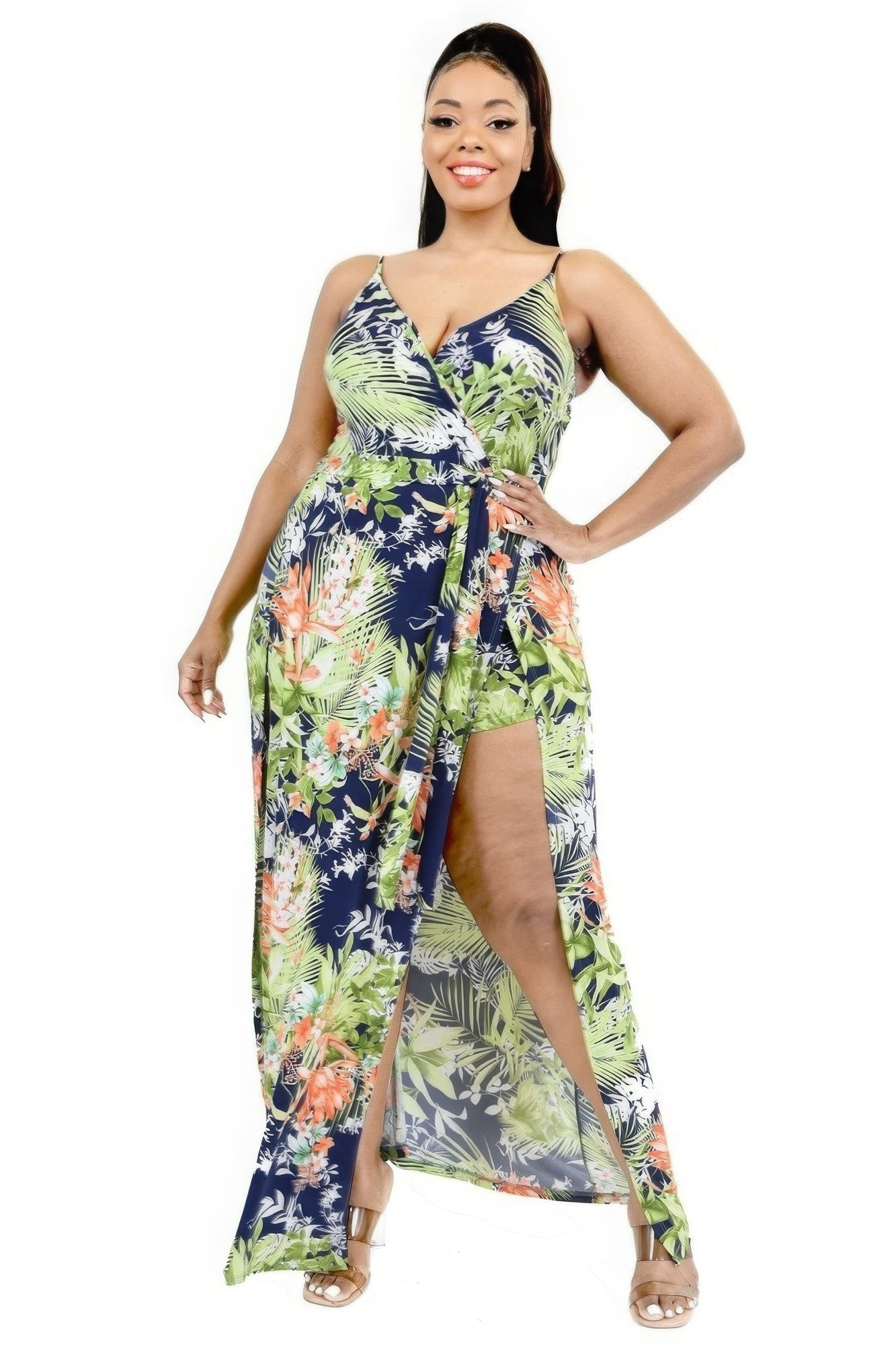 Plus Tropical Leaf Print Surplice Maxi Dress - ThingsWeUseAndLove 