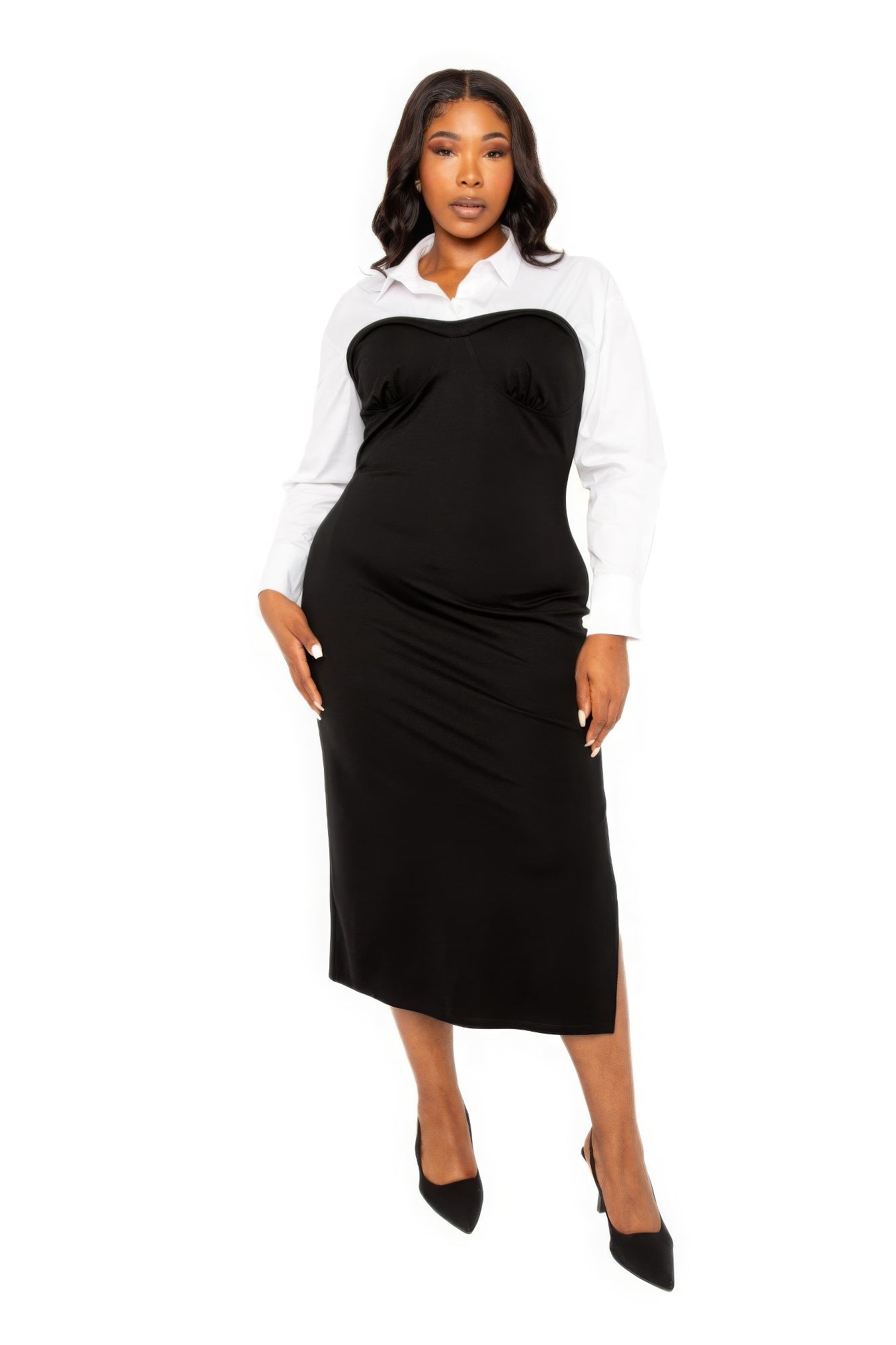 Collared Shirt Bodycon Midi Dress With Side Slit - ThingsWeUseAndLove 