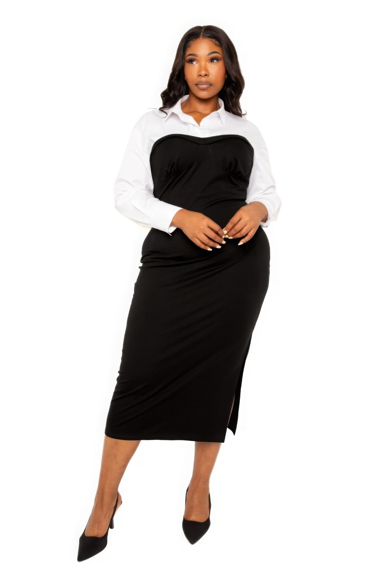 Collared Shirt Bodycon Midi Dress With Side Slit - ThingsWeUseAndLove 