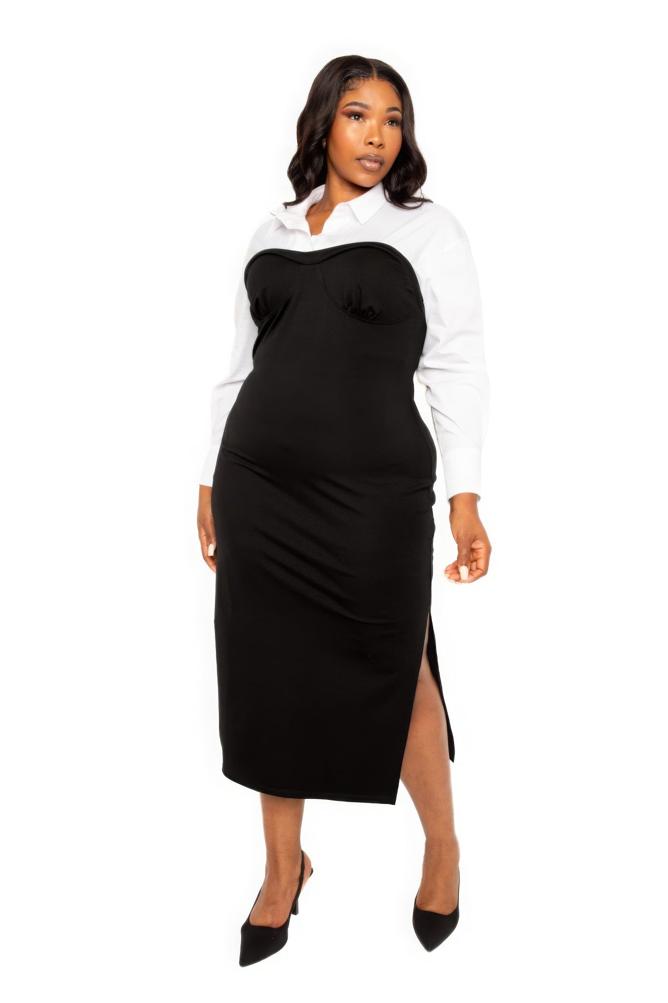 Collared Shirt Bodycon Midi Dress With Side Slit - ThingsWeUseAndLove 