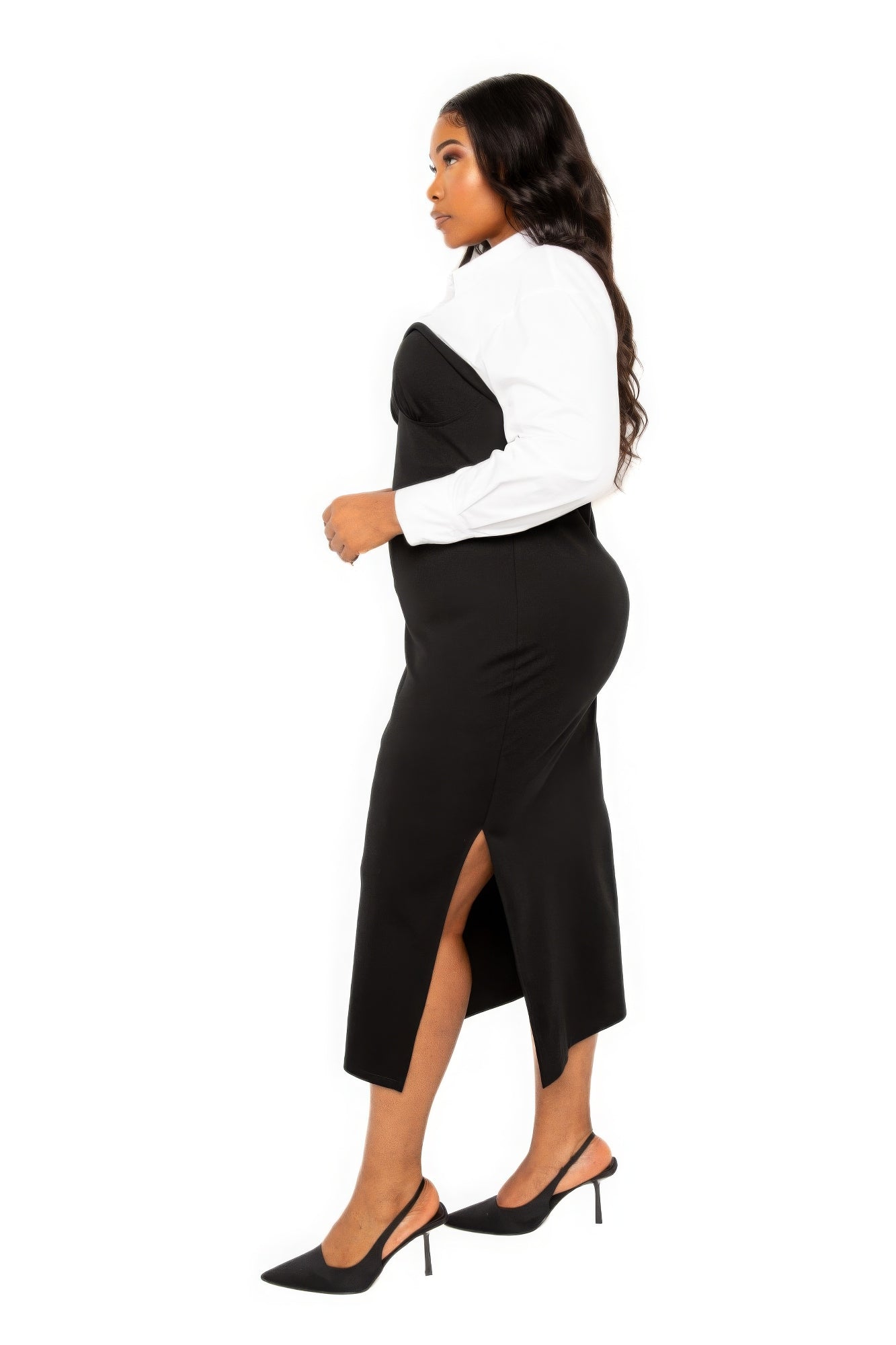 Collared Shirt Bodycon Midi Dress With Side Slit - ThingsWeUseAndLove 