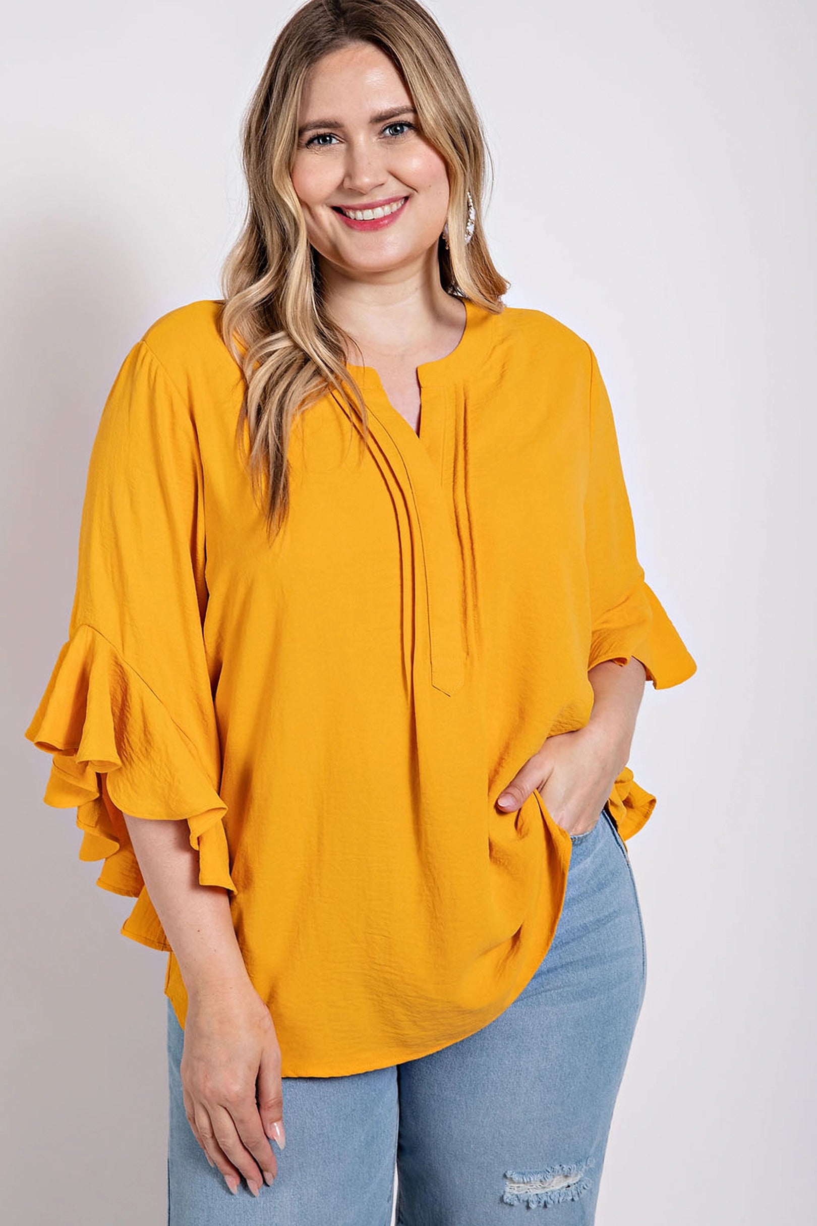 Ruffled Bell Sleeve And Front Pleated Detail Top - ThingsWeUseAndLove 