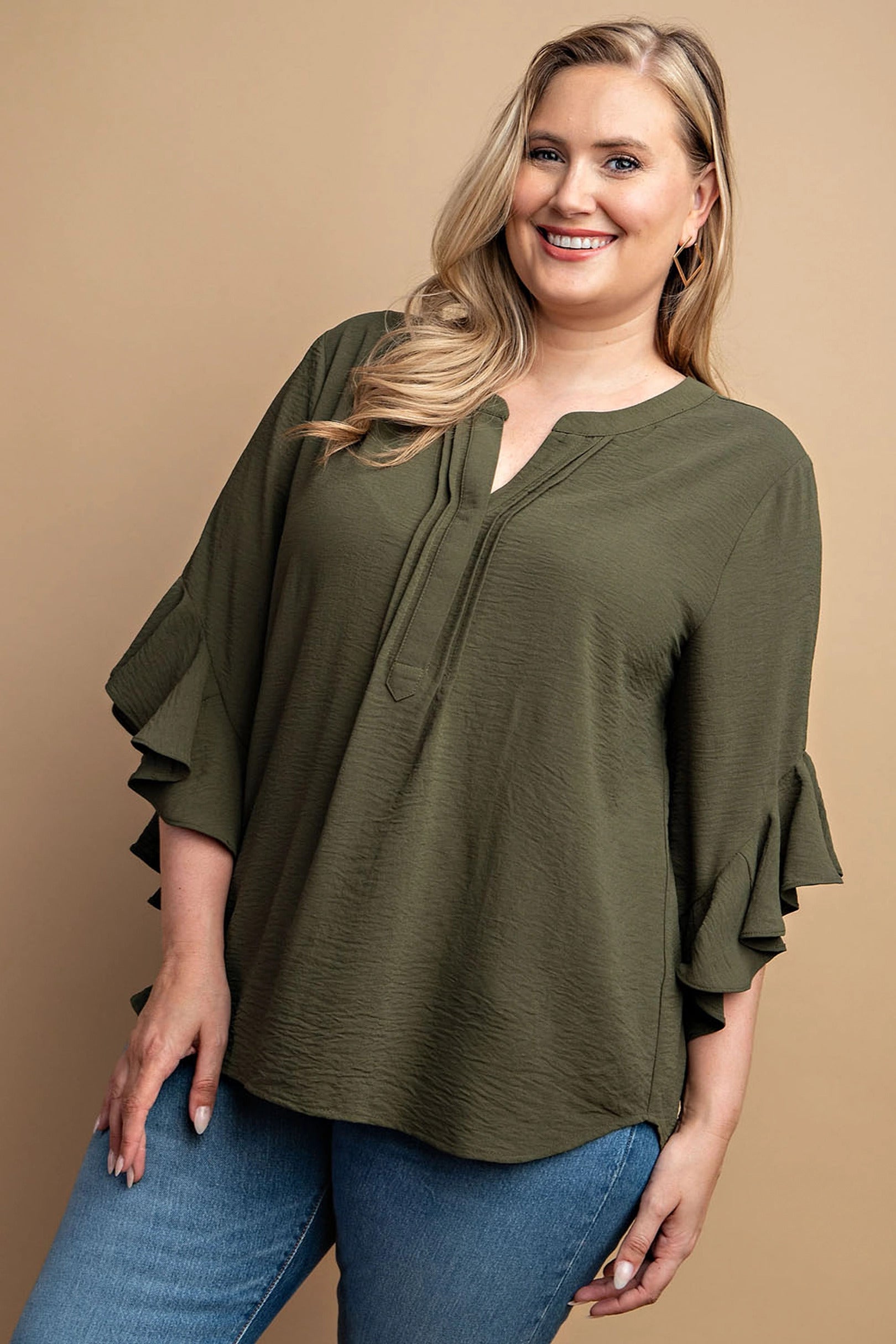 Ruffled Bell Sleeve And Front Pleated Detail Top - ThingsWeUseAndLove 