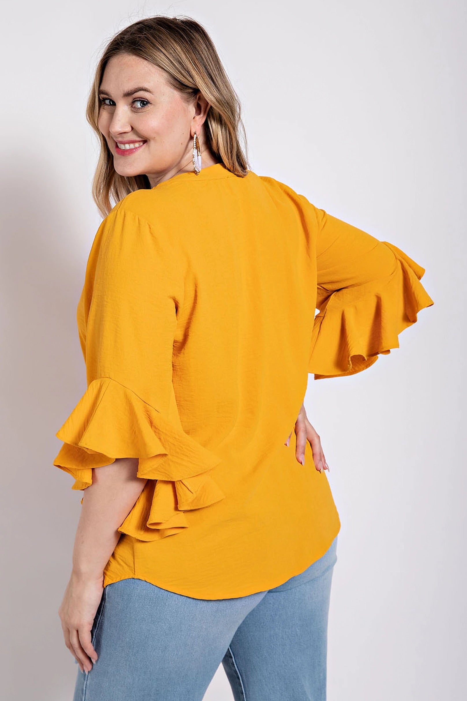 Ruffled Bell Sleeve And Front Pleated Detail Top - ThingsWeUseAndLove 