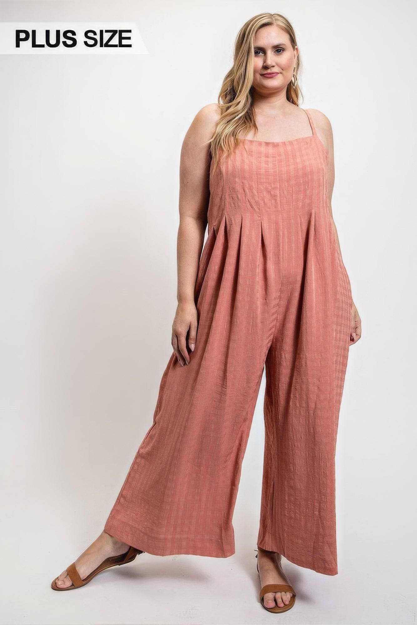 Texture Woven Sleeveless Jumpsuit With Side Button - ThingsWeUseAndLove 