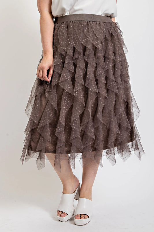 Ruffled Tulle Midi Skirt With Elastic Waist Band - ThingsWeUseAndLove 