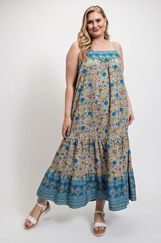 Floral And Aztec Print Drop Down Maxi Dress With Spaghetti Strap - ThingsWeUseAndLove 