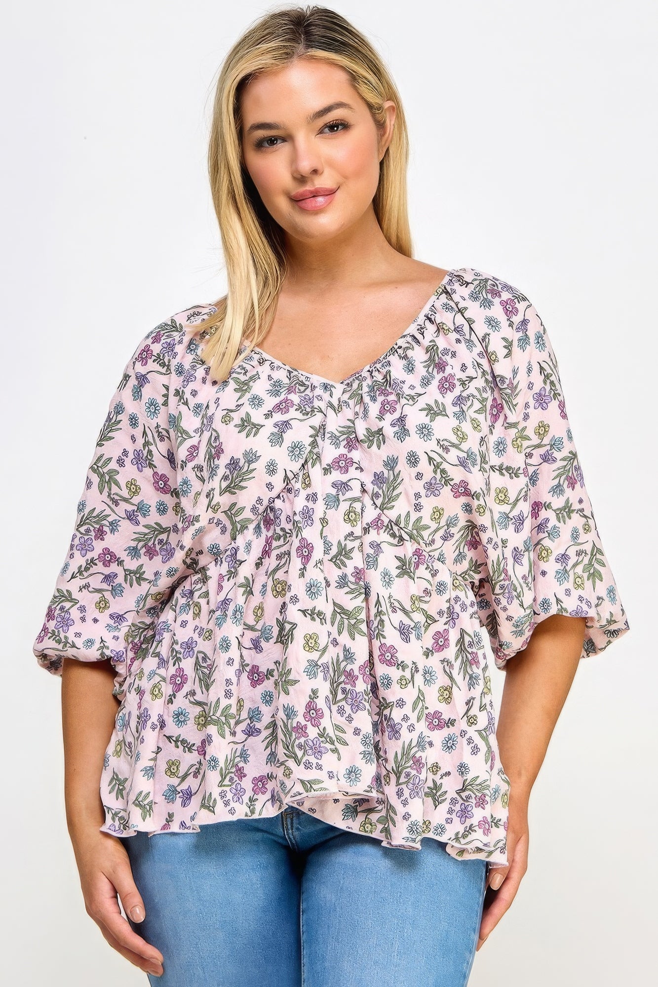 Floral V-neck Babydoll Balloon Slv Top - ThingsWeUseAndLove 