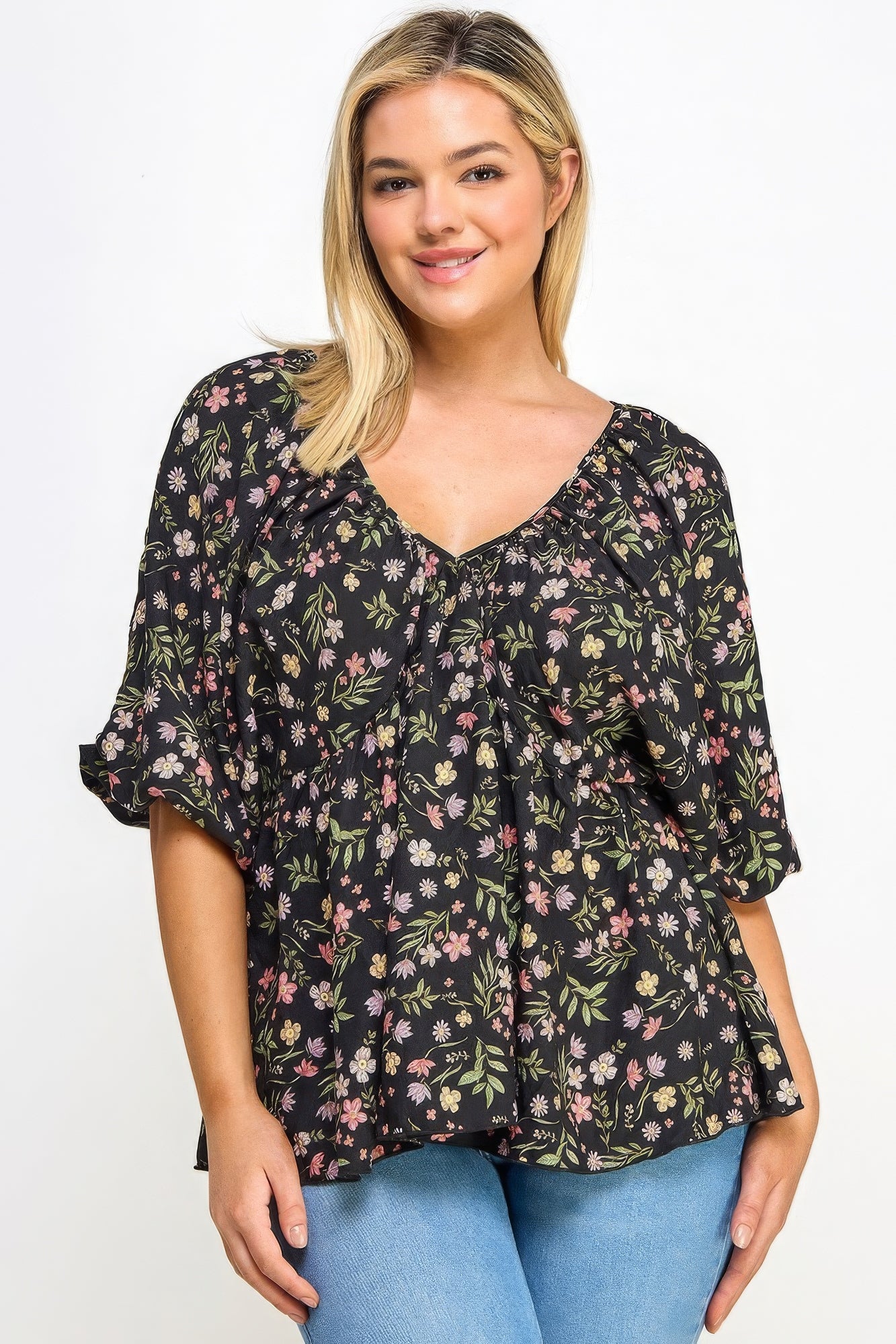 Floral V-neck Babydoll Balloon Slv Top - ThingsWeUseAndLove 