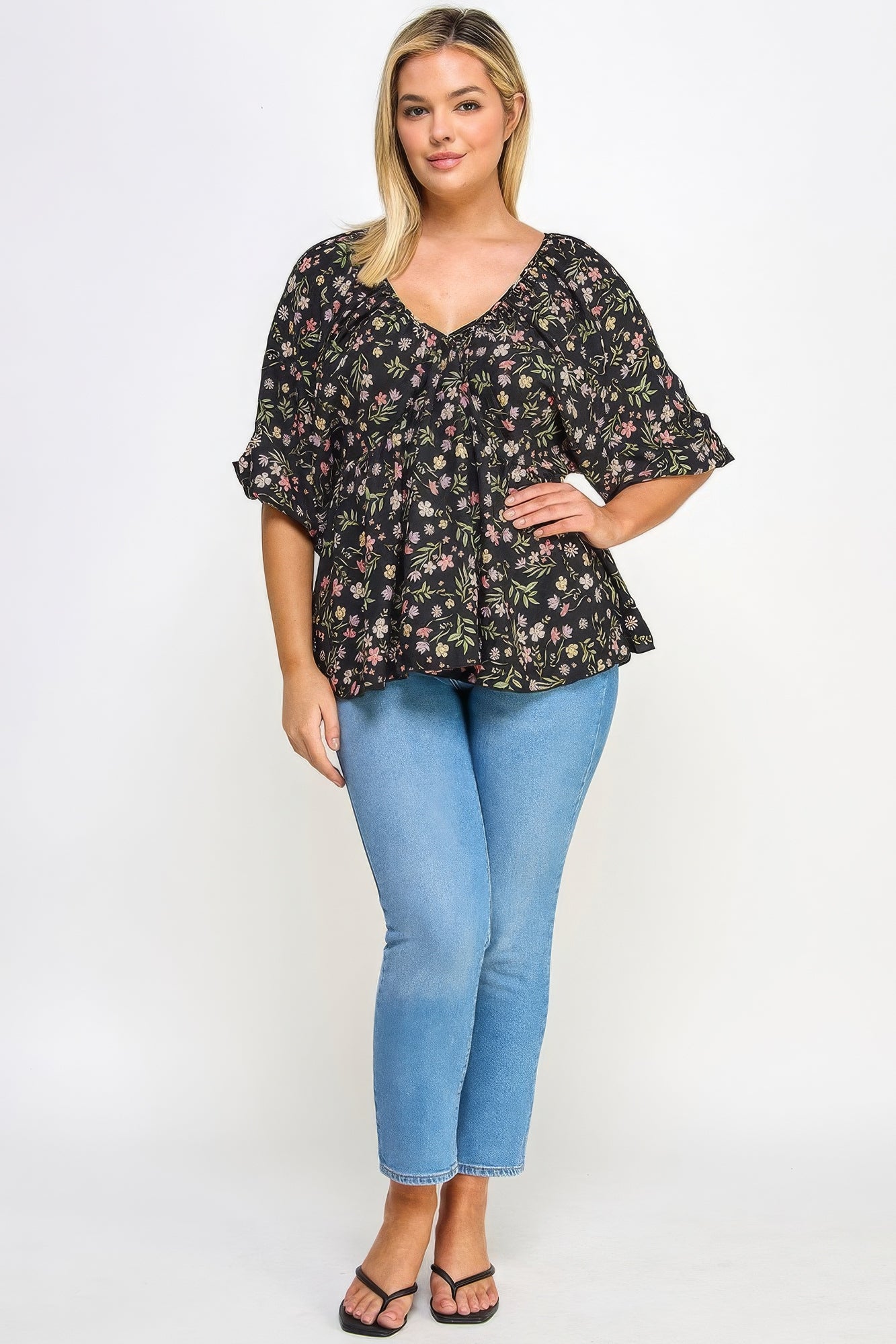 Floral V-neck Babydoll Balloon Slv Top - ThingsWeUseAndLove 