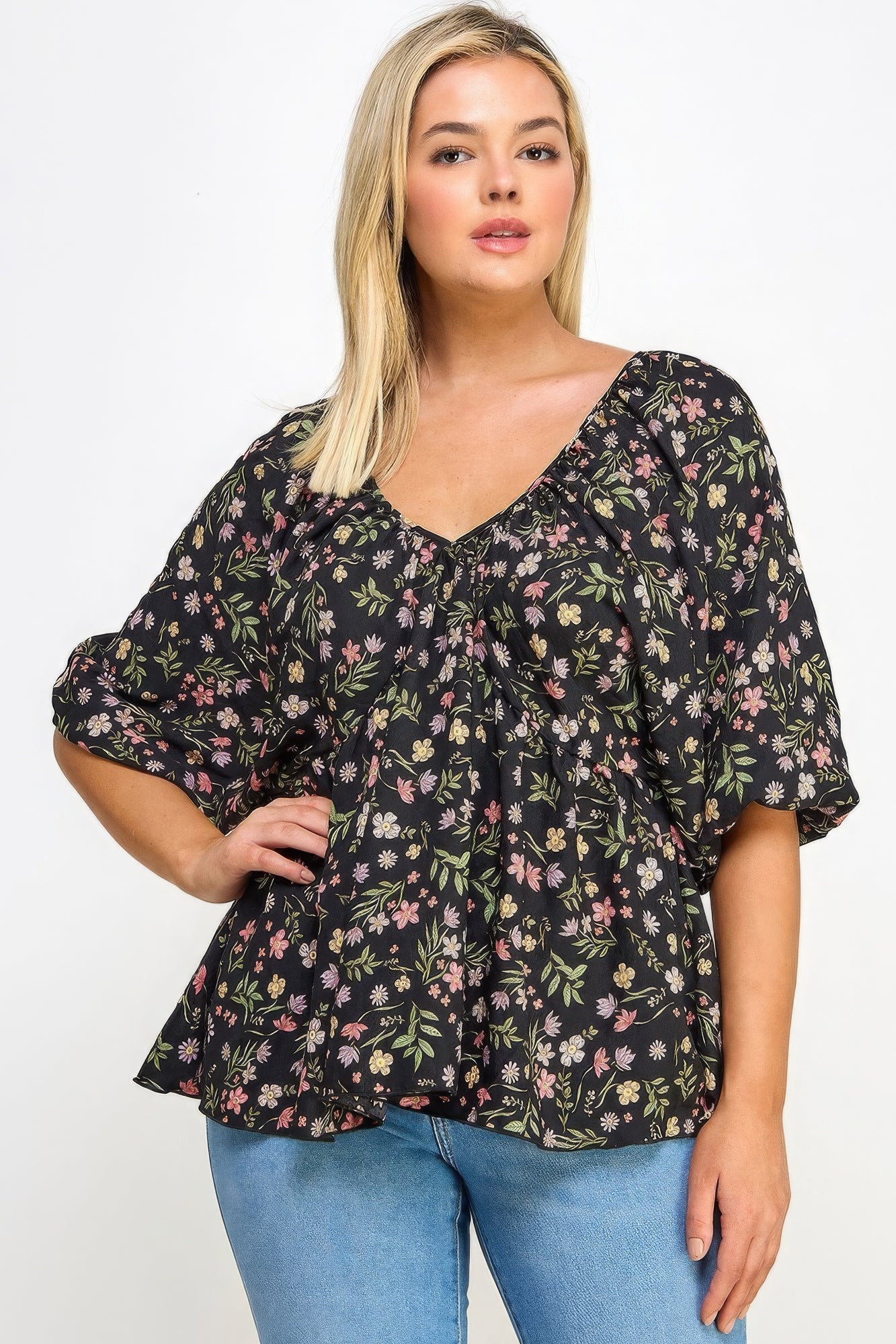 Floral V-neck Babydoll Balloon Slv Top - ThingsWeUseAndLove 