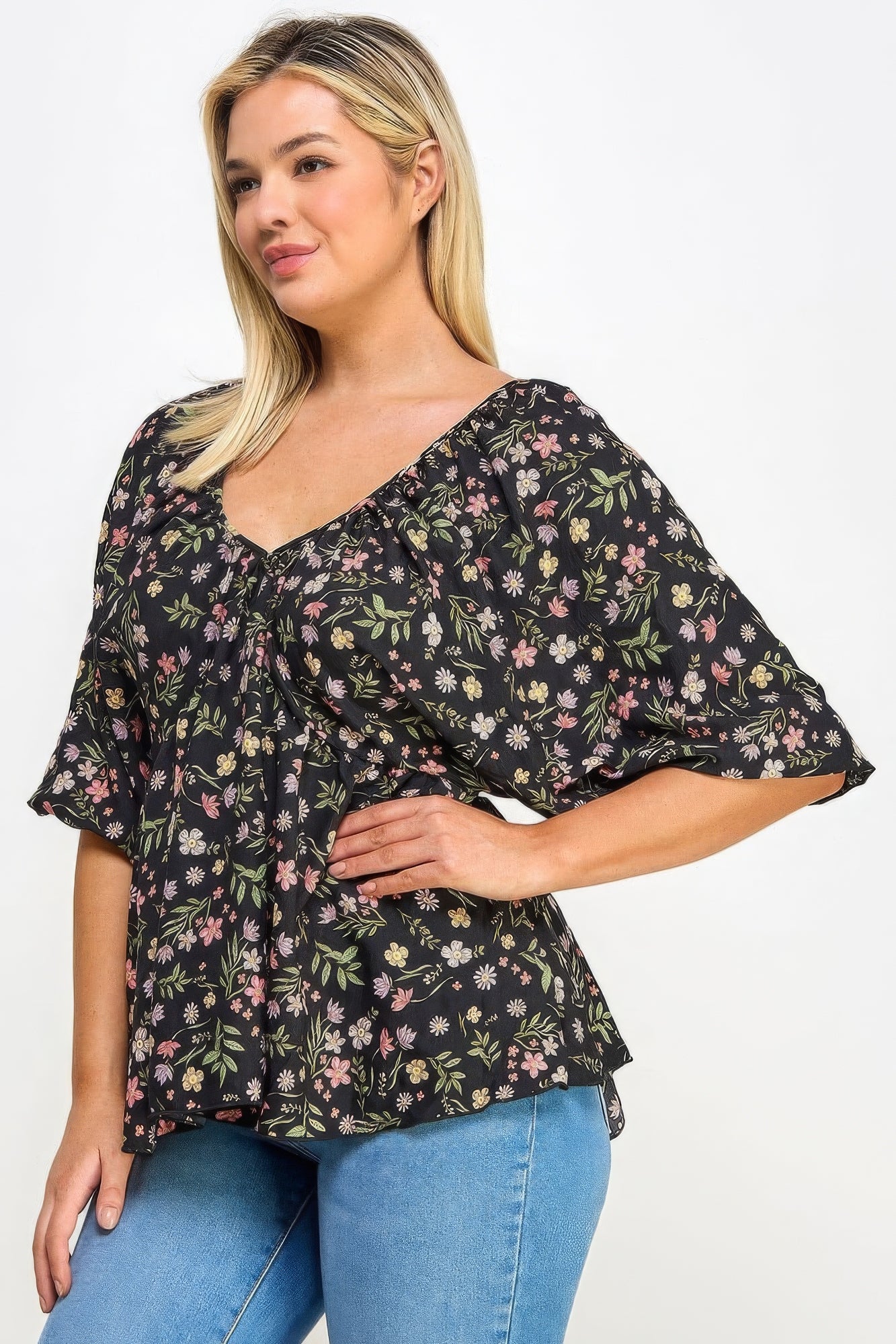 Floral V-neck Babydoll Balloon Slv Top - ThingsWeUseAndLove 