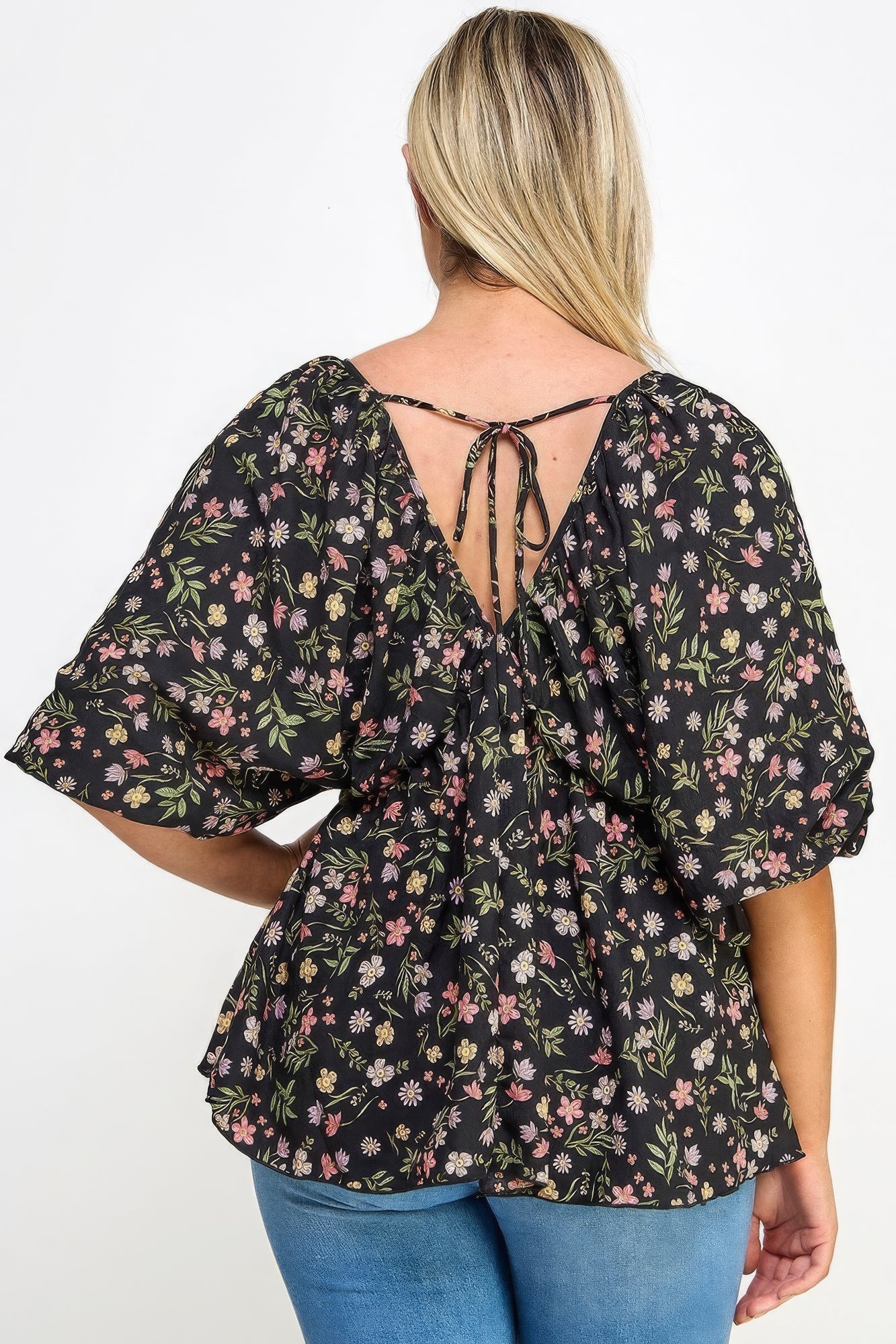 Floral V-neck Babydoll Balloon Slv Top - ThingsWeUseAndLove 