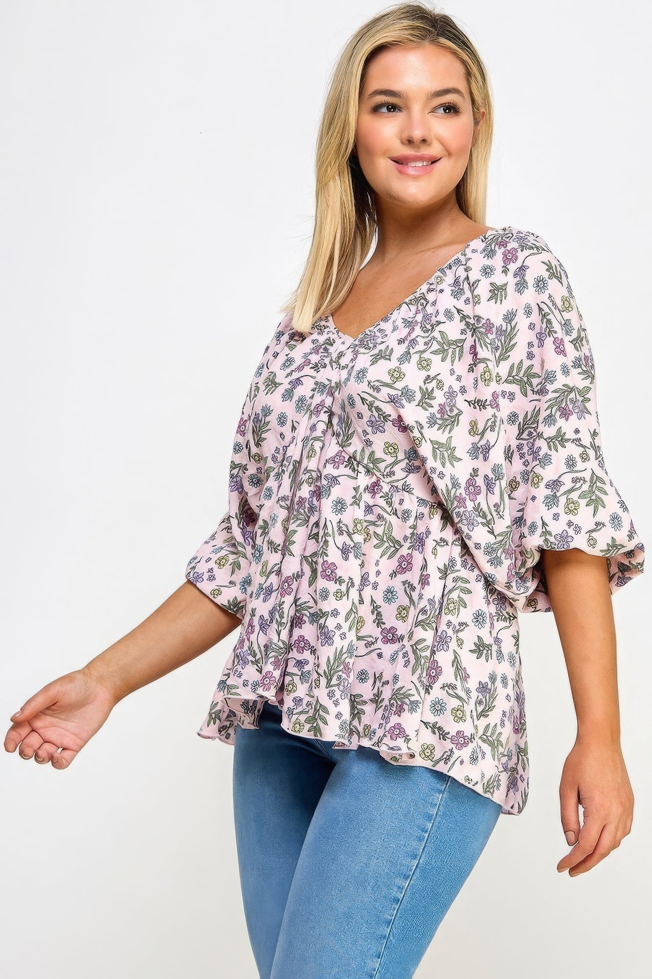 Floral V-neck Babydoll Balloon Slv Top - ThingsWeUseAndLove 