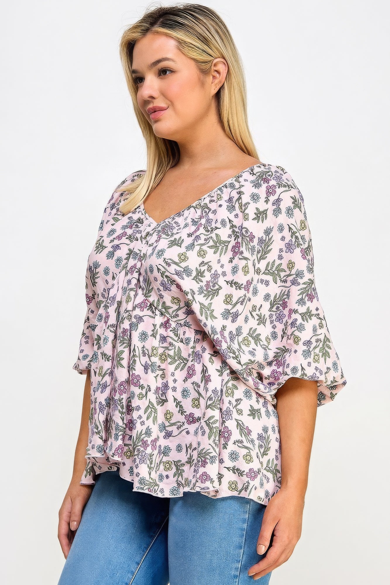 Floral V-neck Babydoll Balloon Slv Top - ThingsWeUseAndLove 