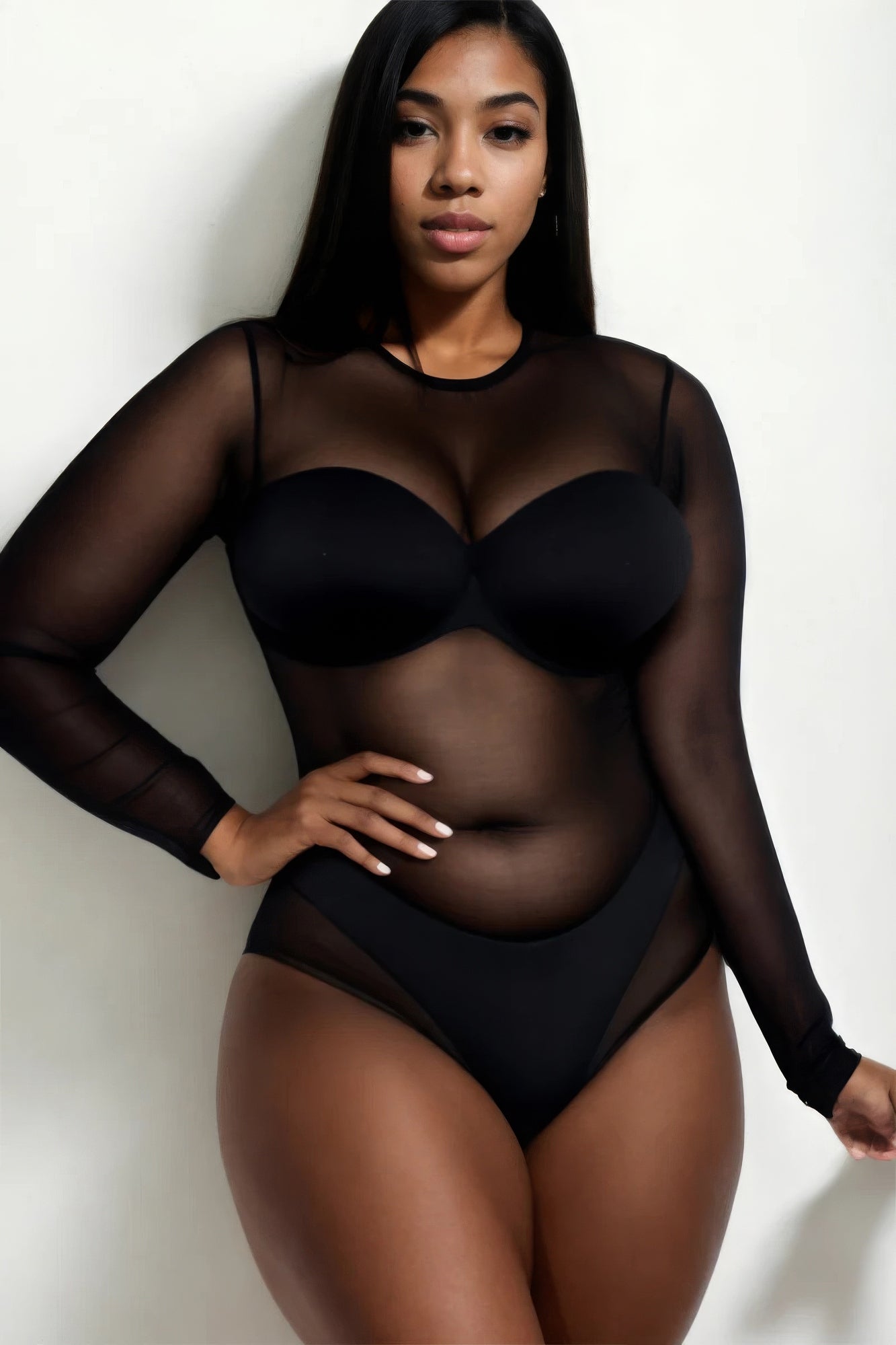 Plus Size Sexy Sheer Mesh Long Sleeve Bodysuit - ThingsWeUseAndLove 