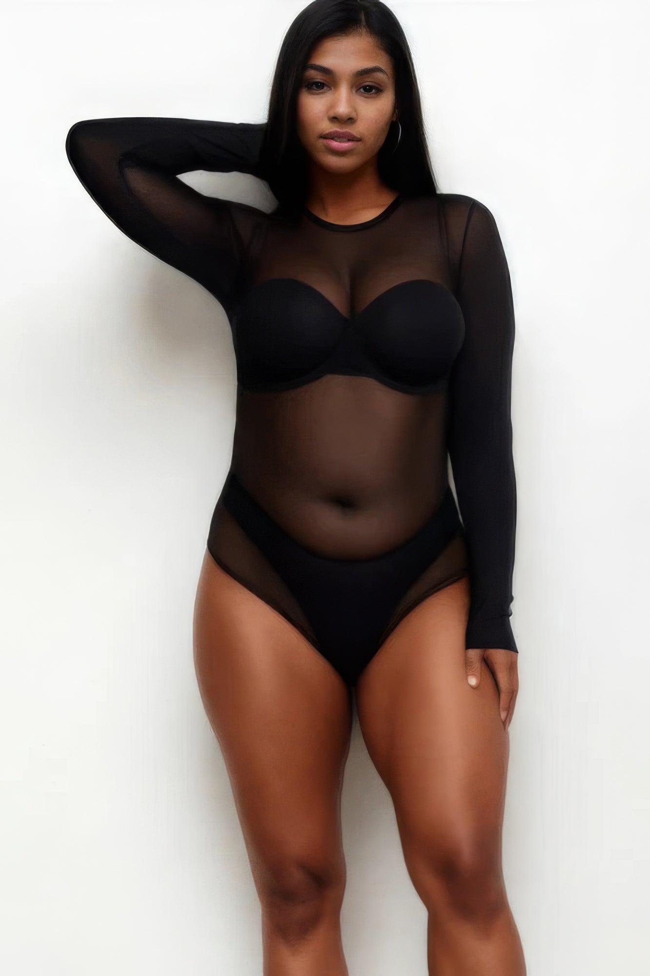 Plus Size Sexy Sheer Mesh Long Sleeve Bodysuit - ThingsWeUseAndLove 