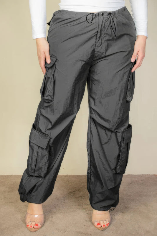 Plus Size Flap Pockets Drawstring Ruched Parachute Pants - ThingsWeUseAndLove 