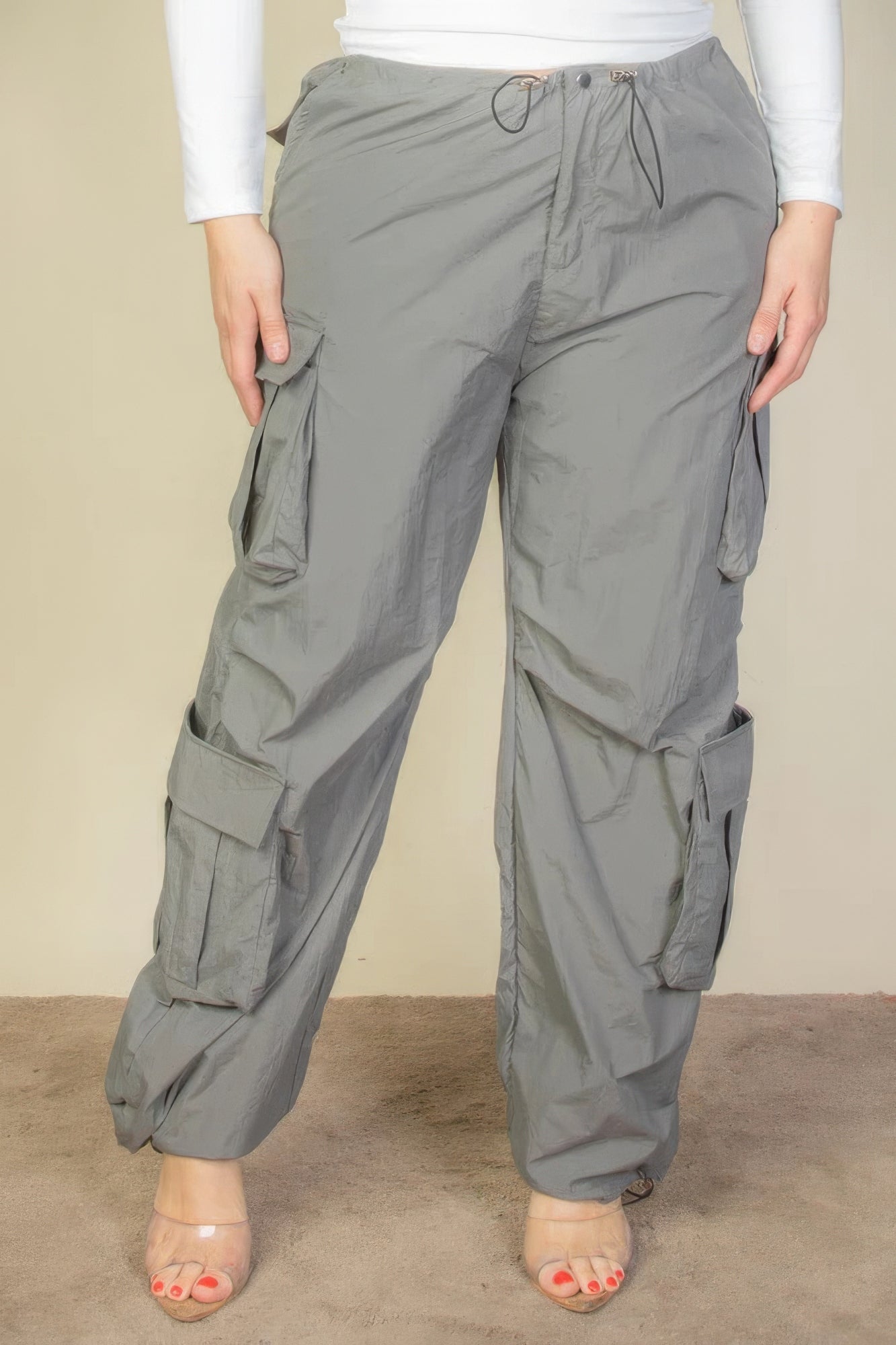 Plus Size Flap Pockets Drawstring Ruched Parachute Pants - ThingsWeUseAndLove 