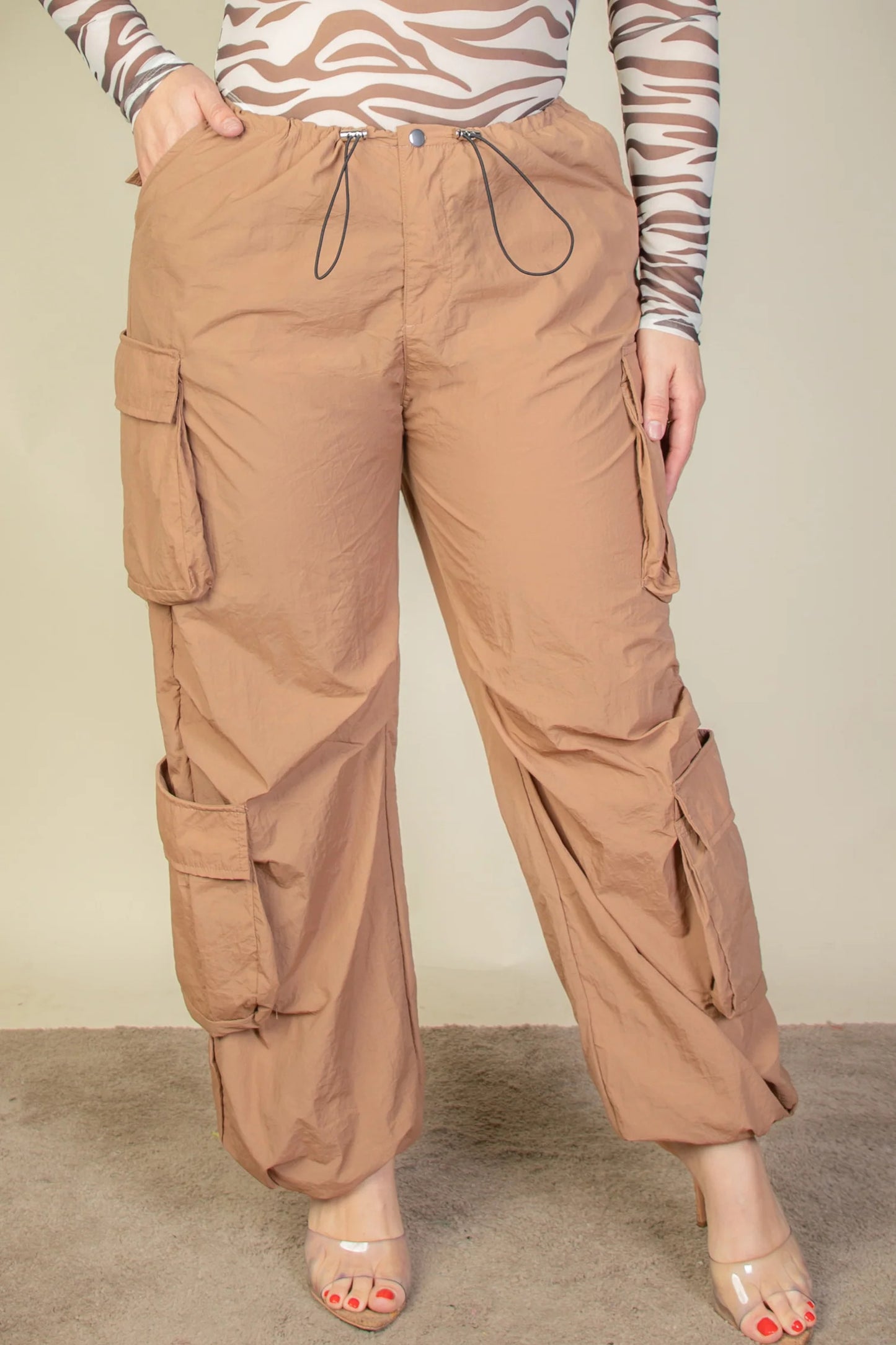 Plus Size Flap Pockets Drawstring Ruched Parachute Pants - ThingsWeUseAndLove 