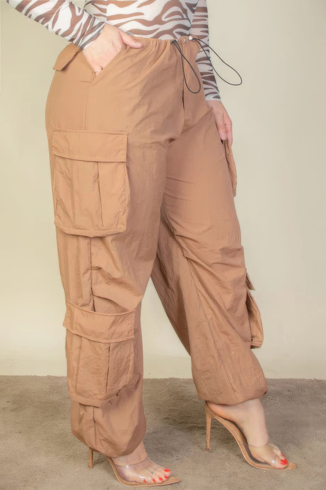 Plus Size Flap Pockets Drawstring Ruched Parachute Pants - ThingsWeUseAndLove 