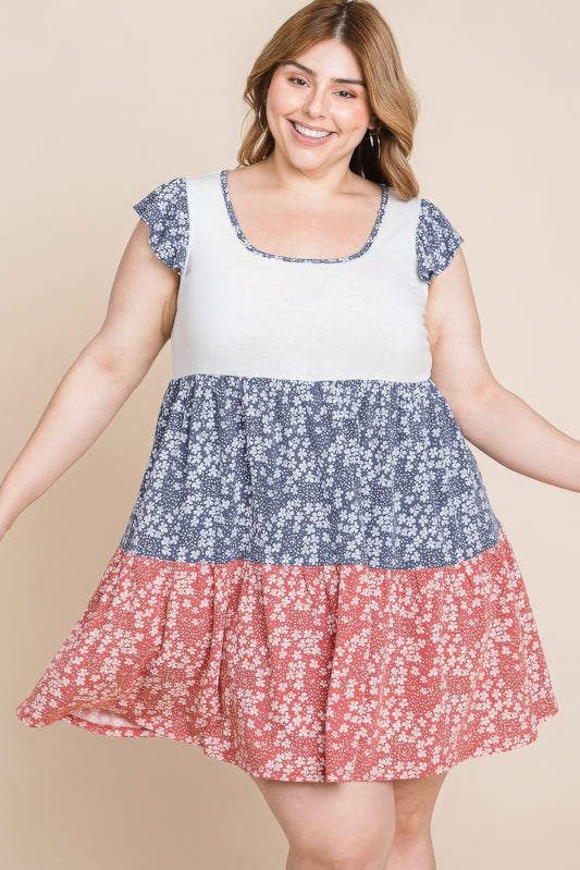 Plus Size Floral Color Block Contrast Tiered Babydoll Dress - ThingsWeUseAndLove 