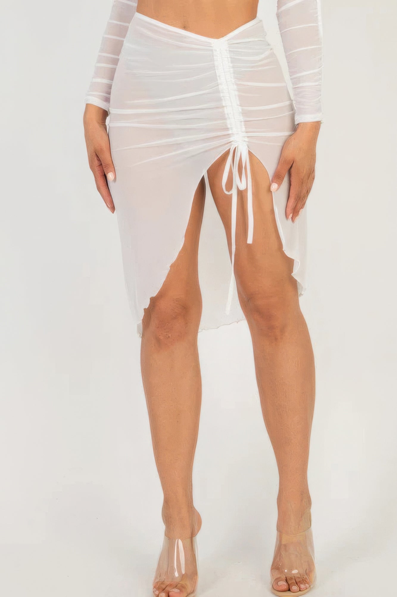 Sexy Sheer Mesh Drawstring Ruched Skirt - ThingsWeUseAndLove 