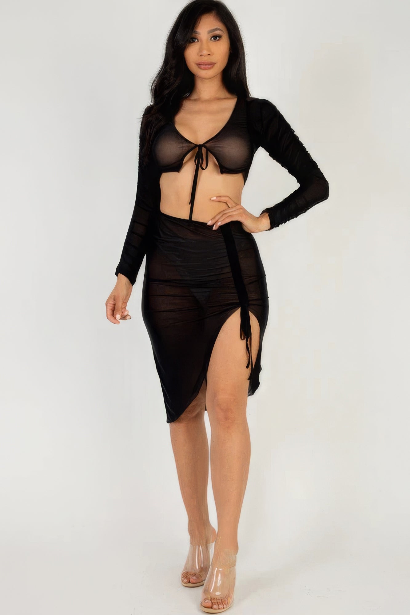 Sexy Sheer Mesh Drawstring Ruched Skirt - ThingsWeUseAndLove 