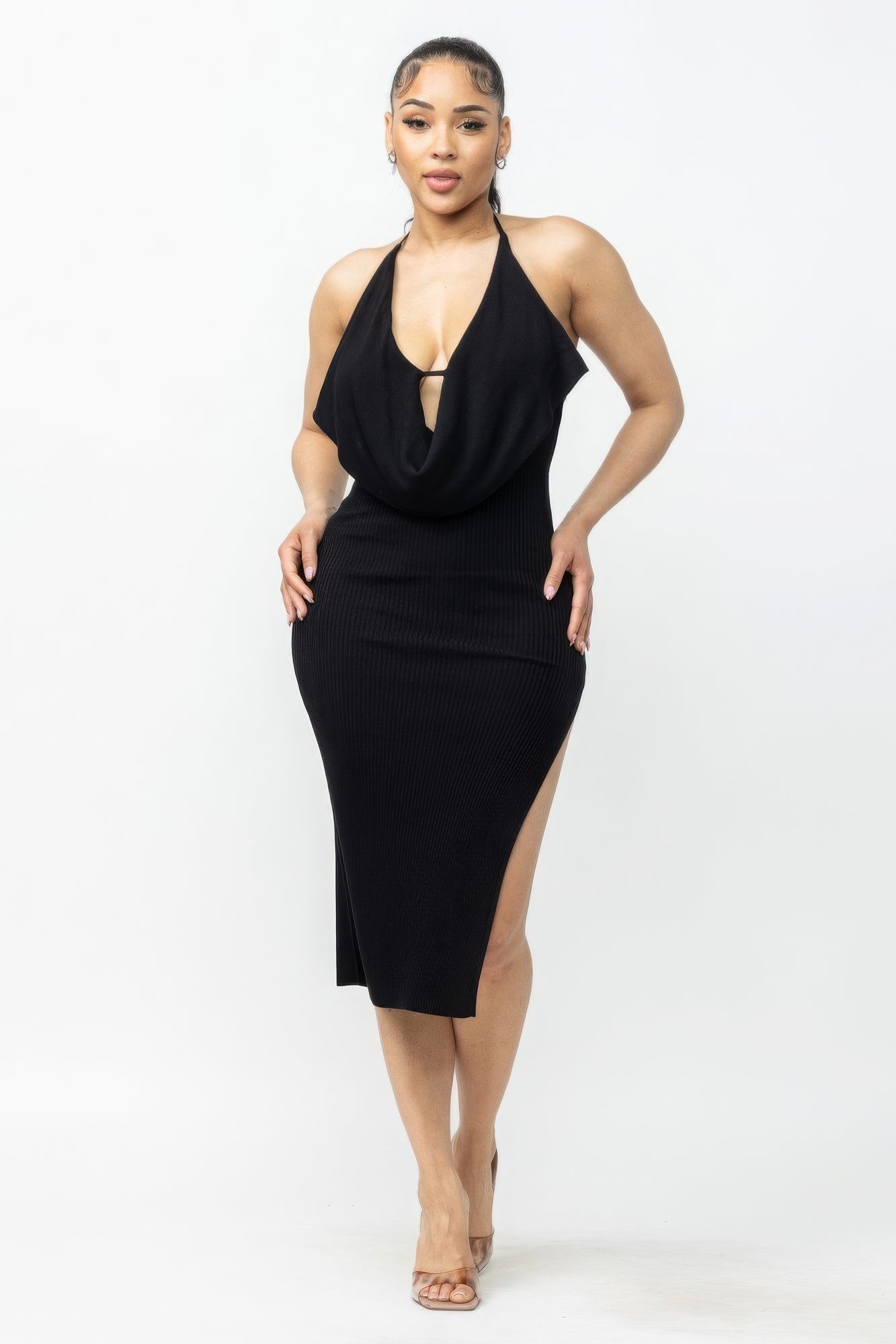 Tie Halter Drape Neck Midi Dress - ThingsWeUseAndLove 