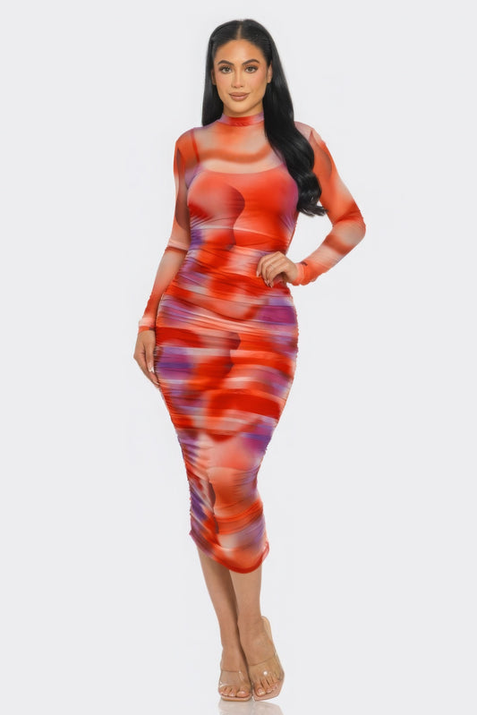 Summer Heat Print Mesh Ruched Midi Dress - ThingsWeUseAndLove 