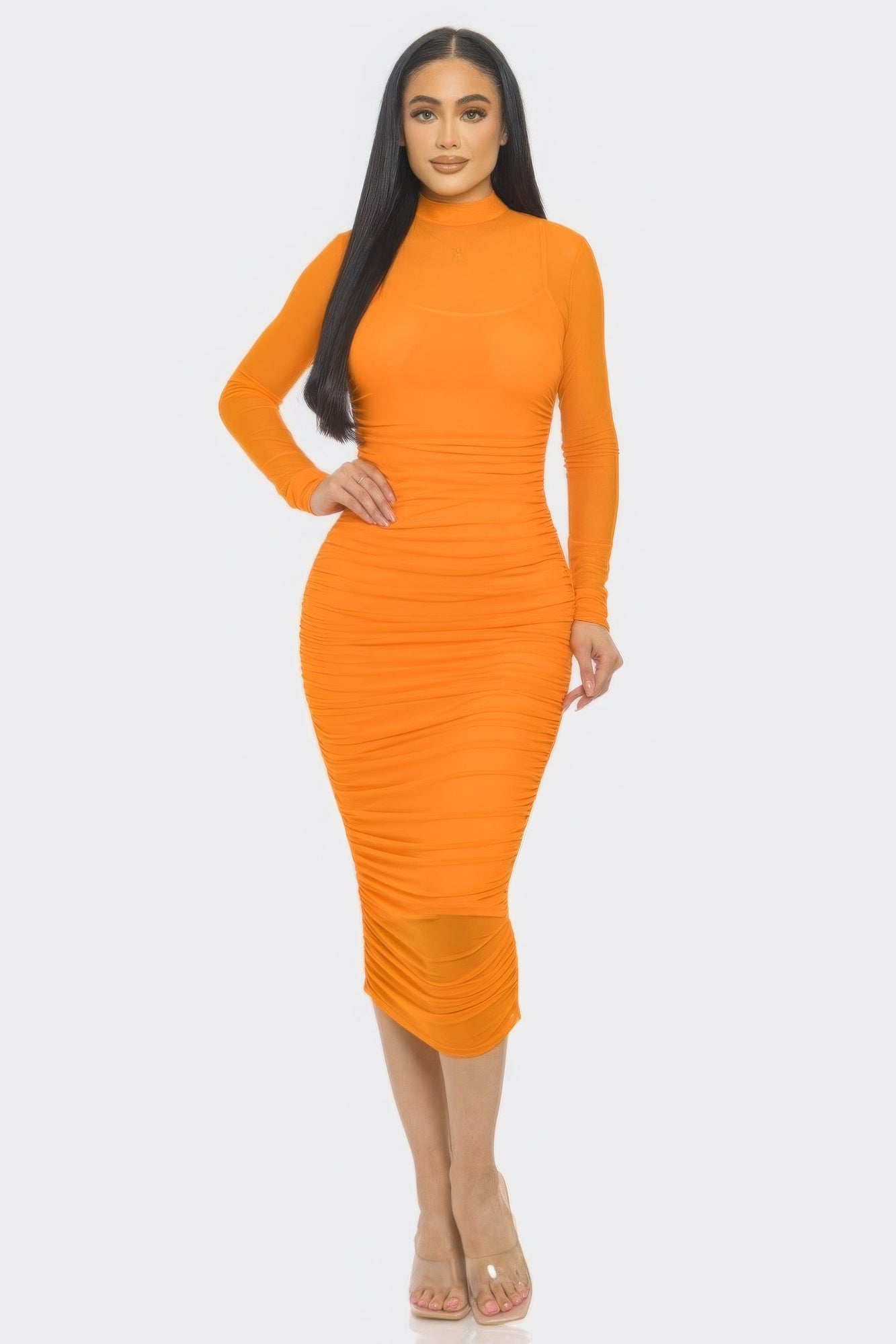 Solid Mesh Ruched Midi Dress - ThingsWeUseAndLove 