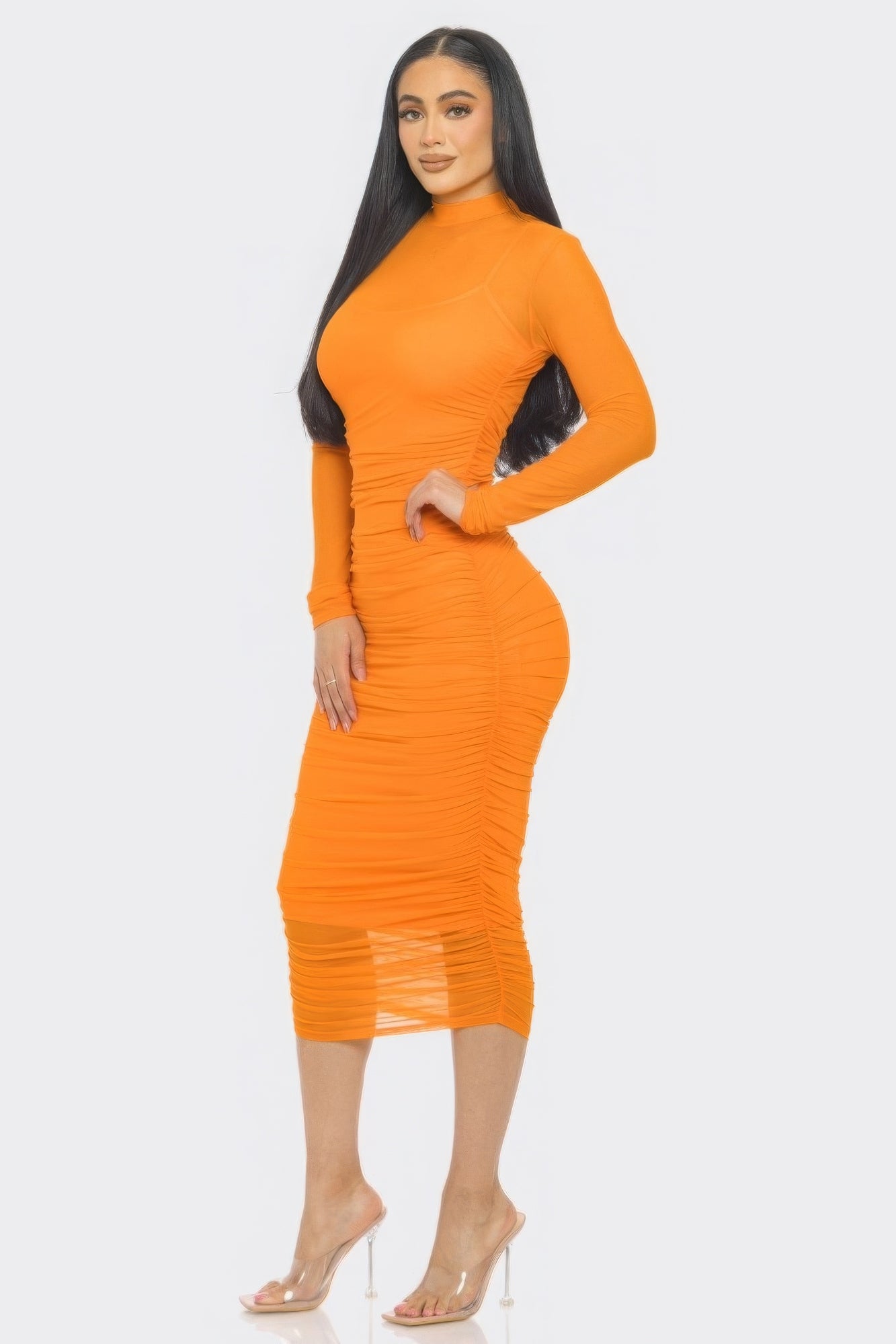 Solid Mesh Ruched Midi Dress - ThingsWeUseAndLove 