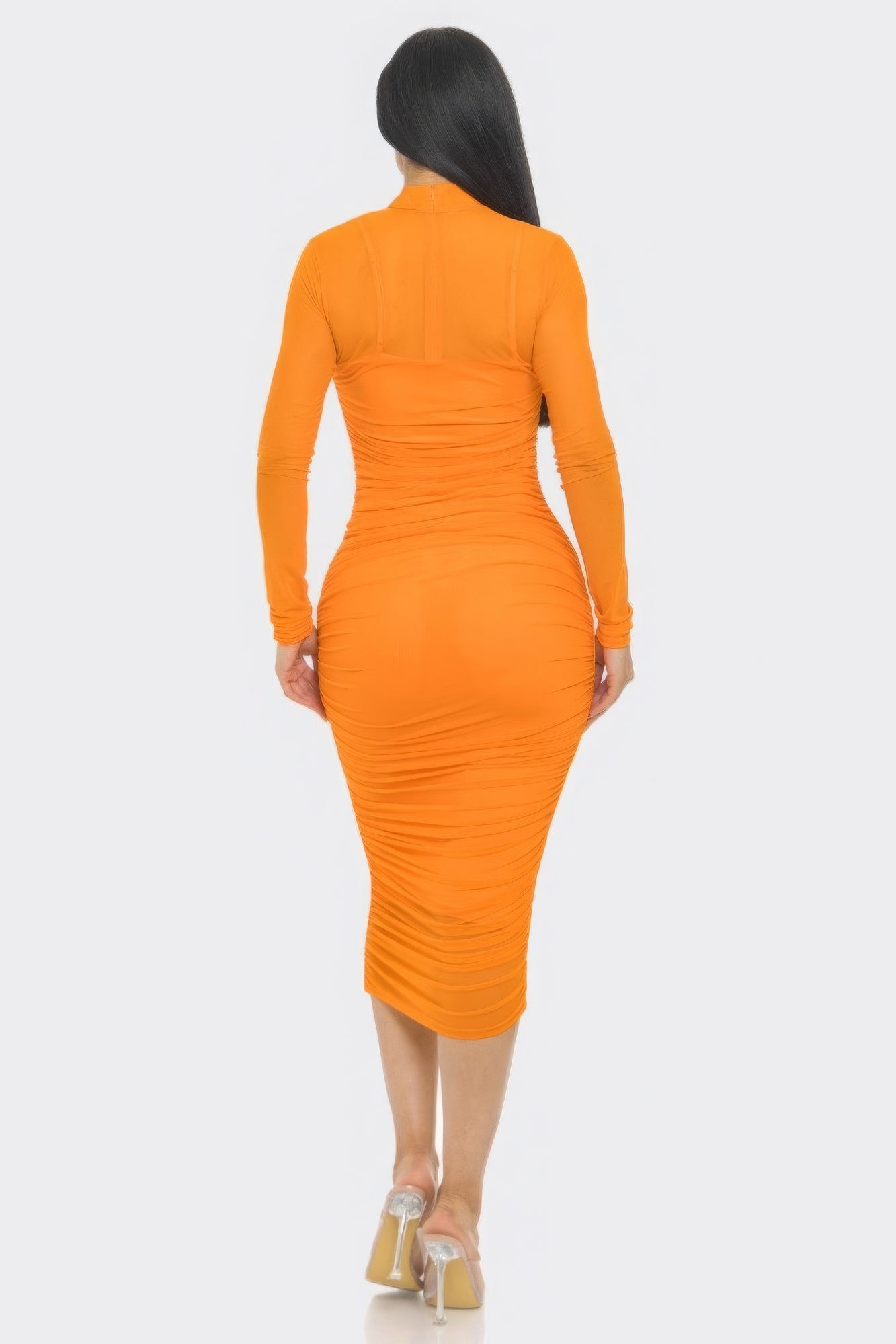 Solid Mesh Ruched Midi Dress - ThingsWeUseAndLove 