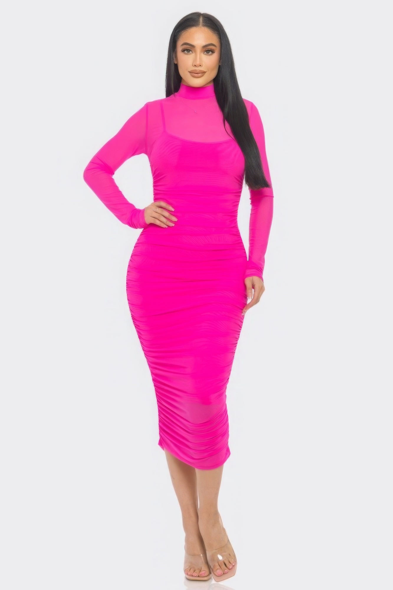 Solid Mesh Ruched Midi Dress - ThingsWeUseAndLove 