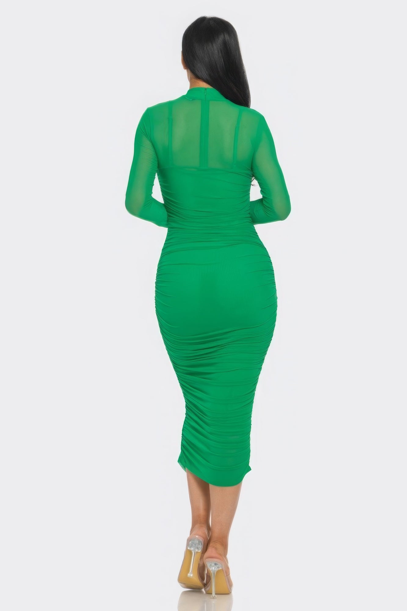 Solid Mesh Ruched Midi Dress - ThingsWeUseAndLove 