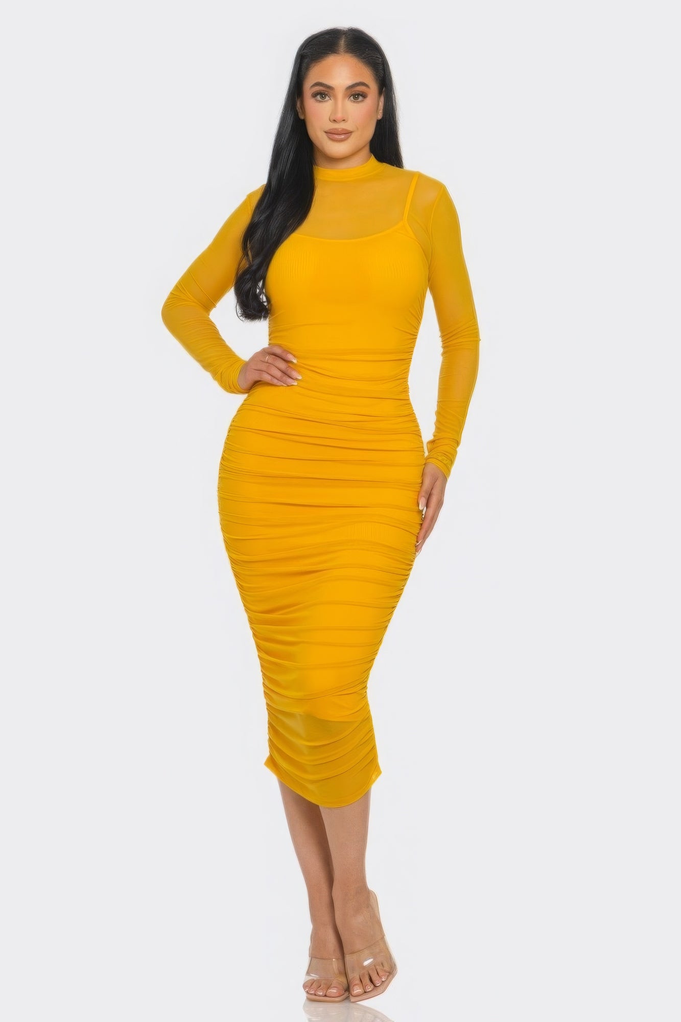 Solid Mesh Ruched Midi Dress - ThingsWeUseAndLove 