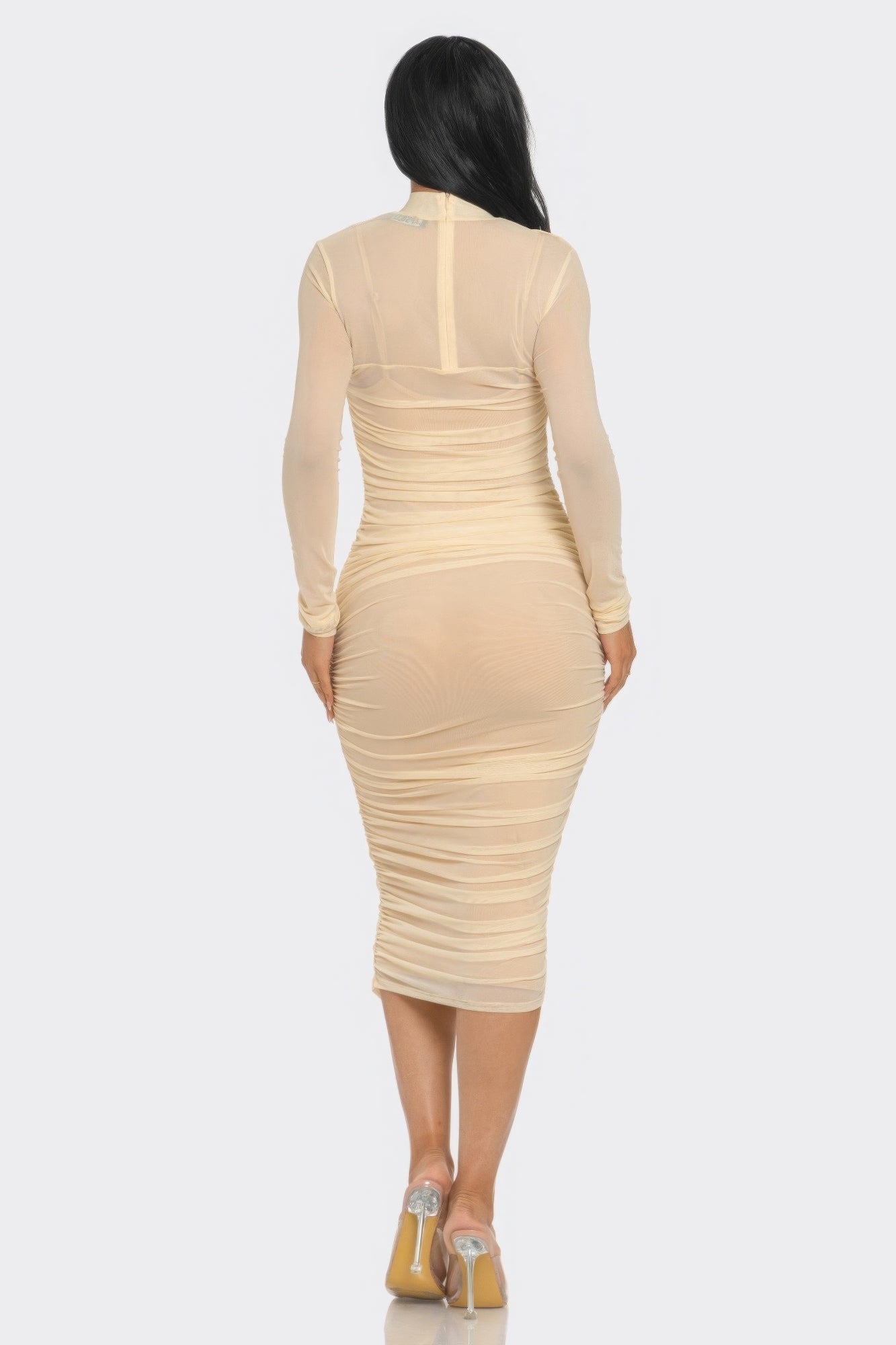 Solid Mesh Ruched Midi Dress - ThingsWeUseAndLove 