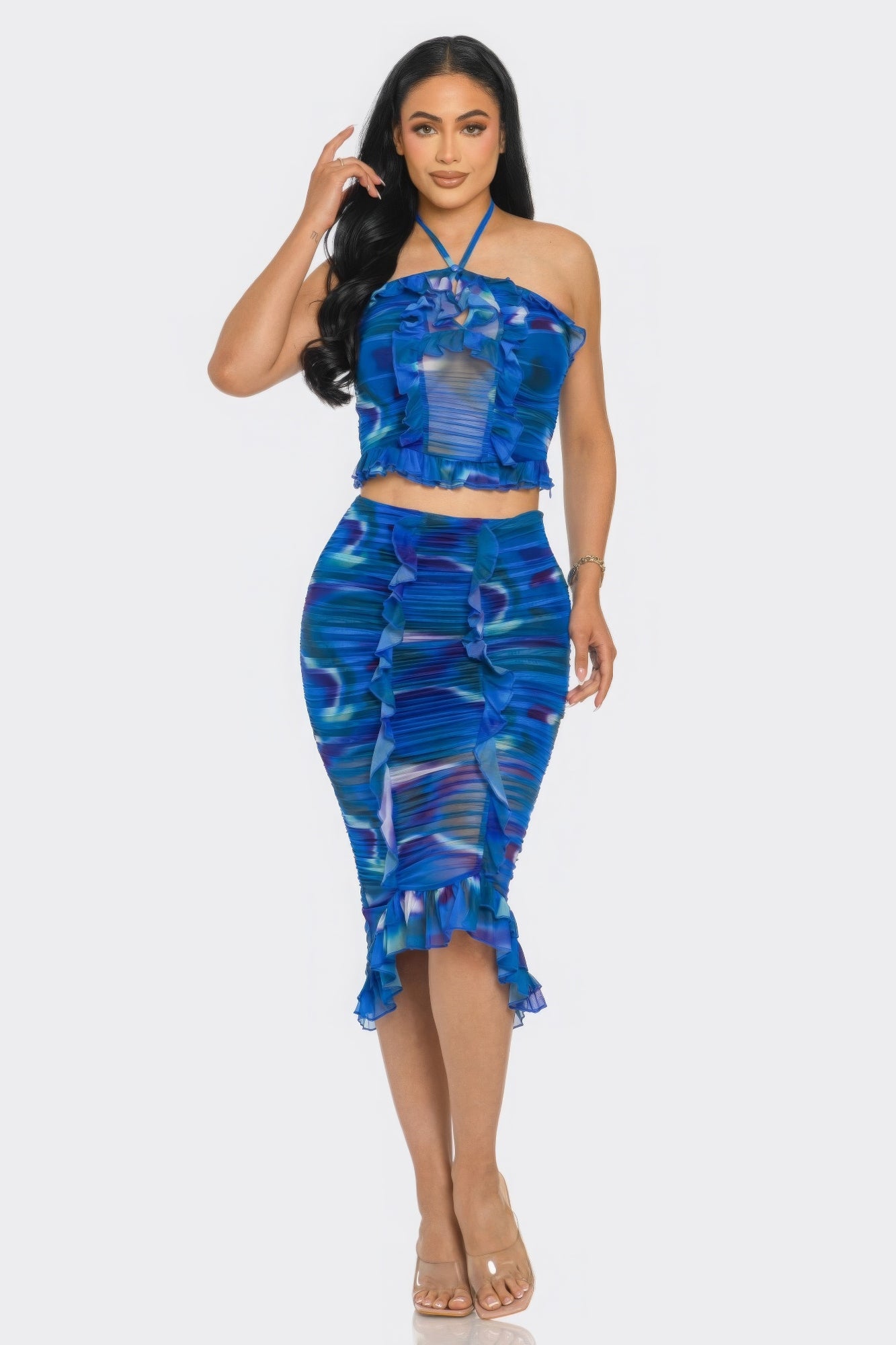 Tropical Waters Print Mesh Ruffle Halter Skirt Set - ThingsWeUseAndLove 