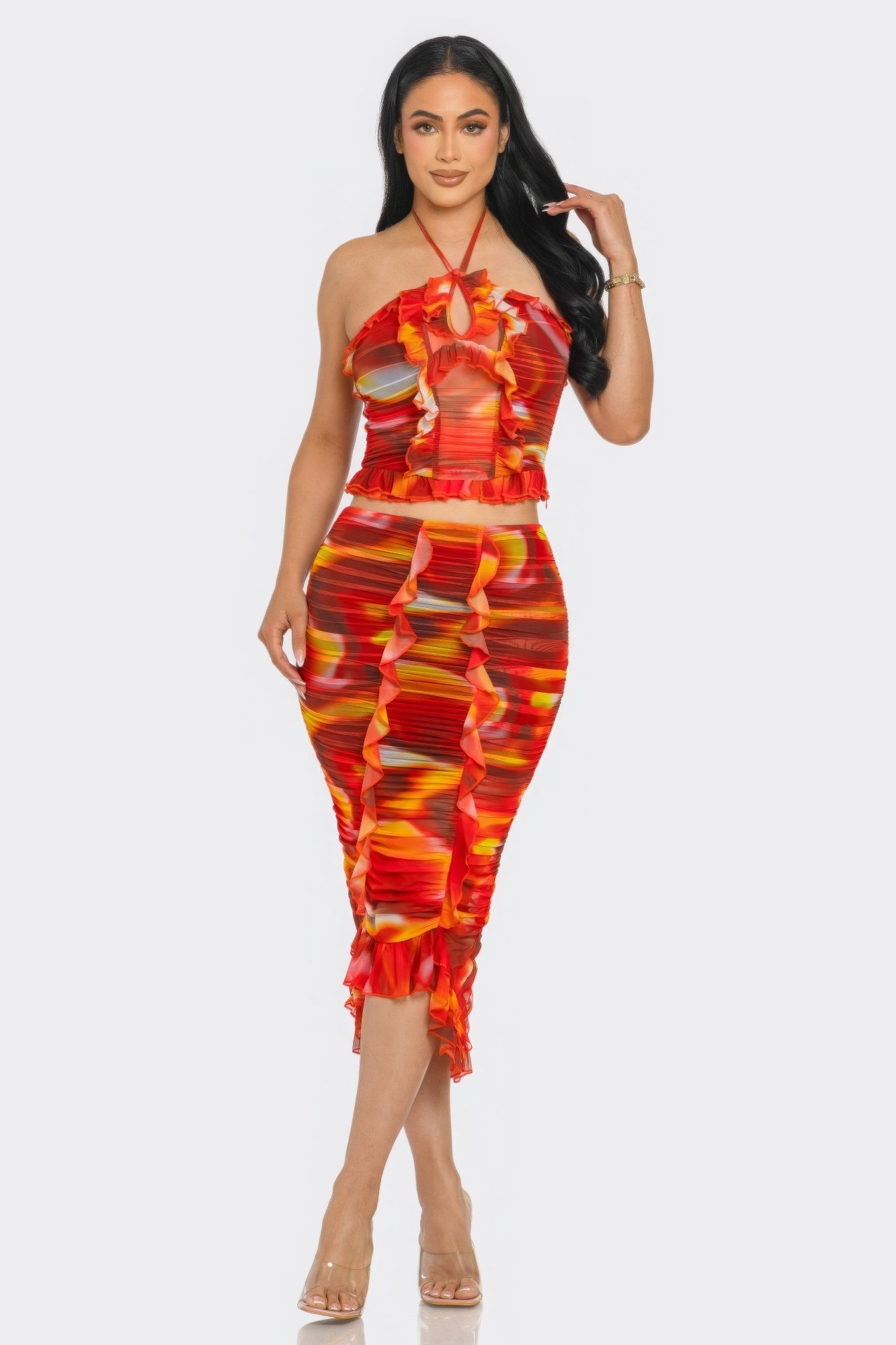 Tropical Waters Print Mesh Ruffle Halter Skirt Set - ThingsWeUseAndLove 