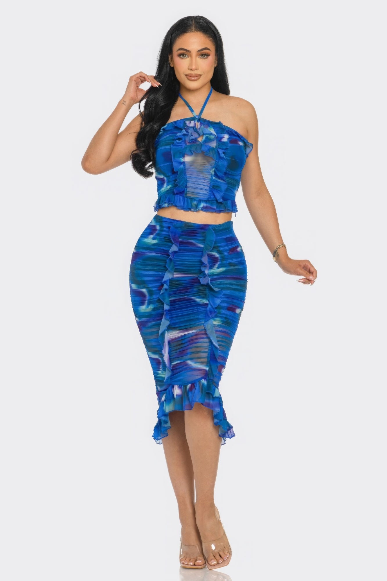 Tropical Waters Print Mesh Ruffle Halter Skirt Set - ThingsWeUseAndLove 