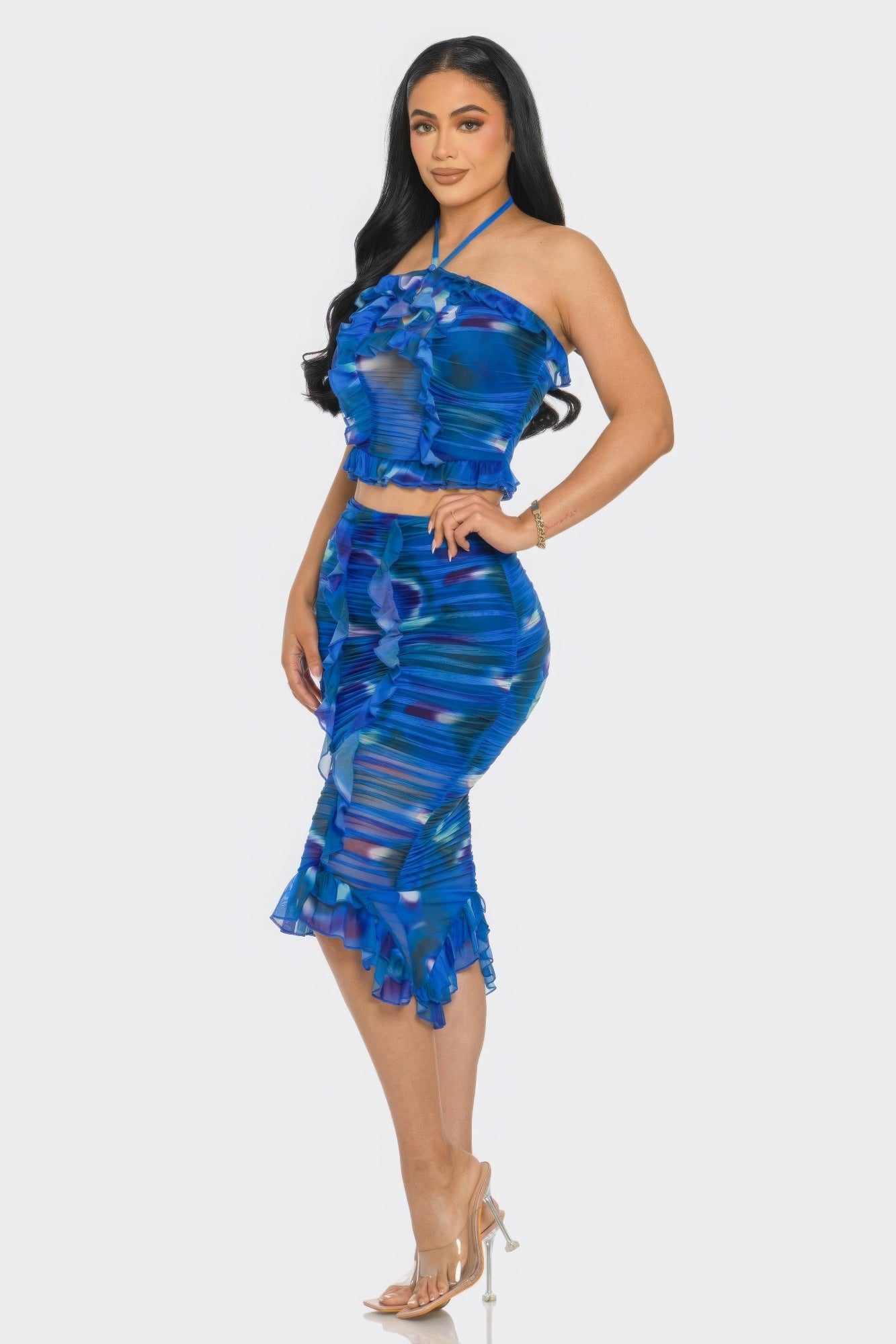Tropical Waters Print Mesh Ruffle Halter Skirt Set - ThingsWeUseAndLove 